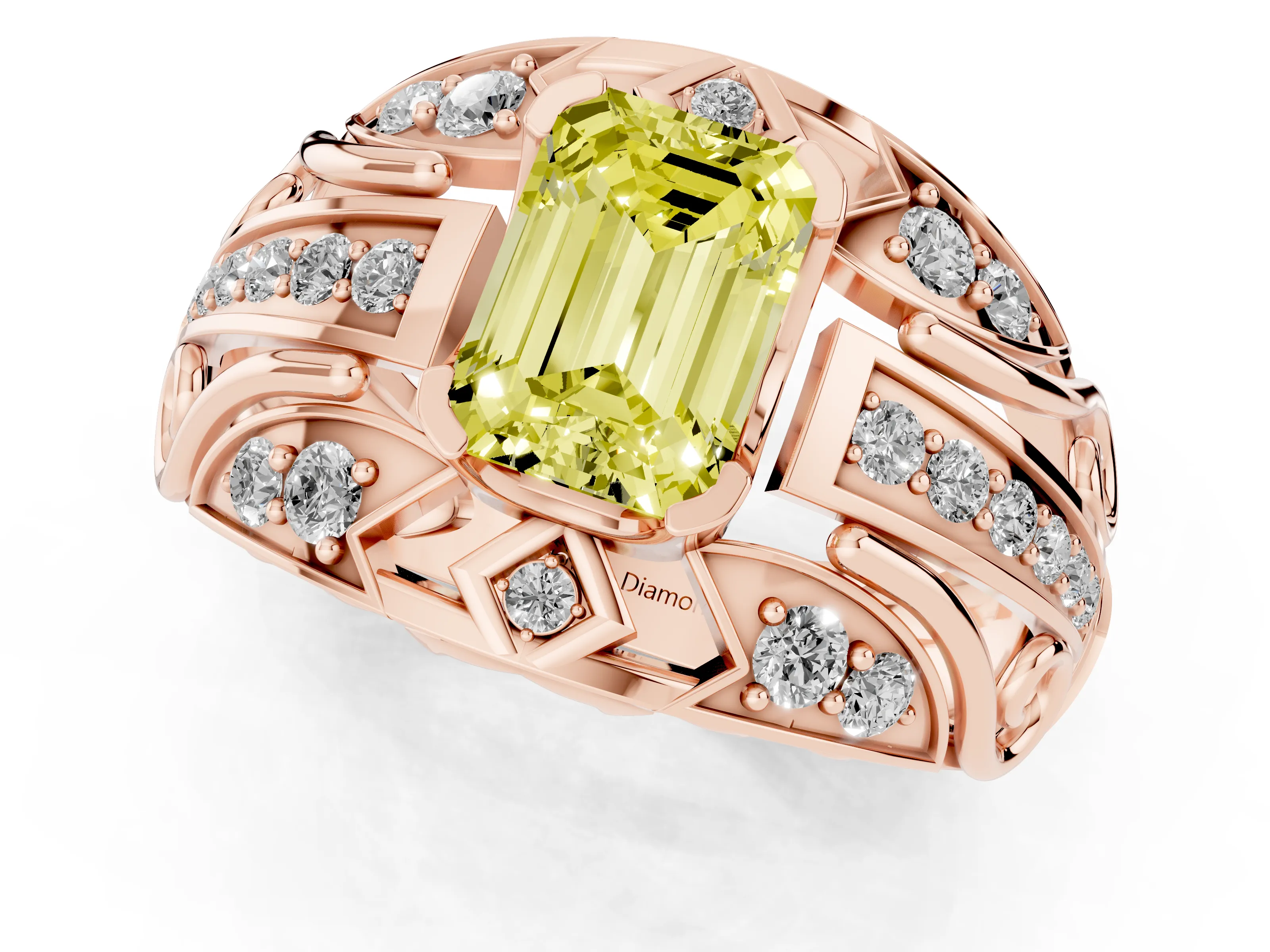 Fancy Yellow Emerald Cut Diamond Art Deco Ring Set in Rose gold with Pavé Split Shank