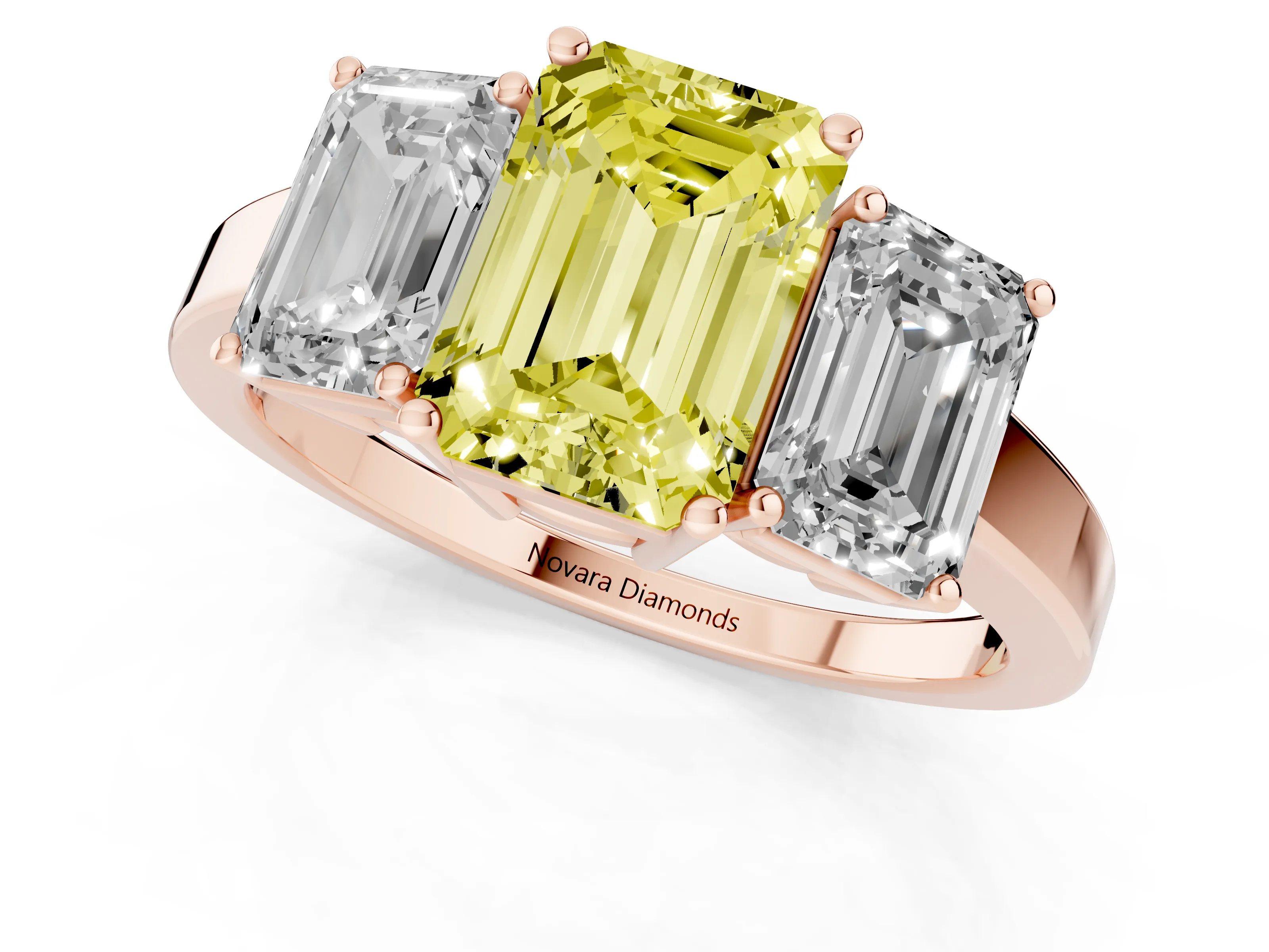 Fancy Yellow Emerald Cut Diamond Three-Stone Engagement Ring Set in Rose gold with Flat Band