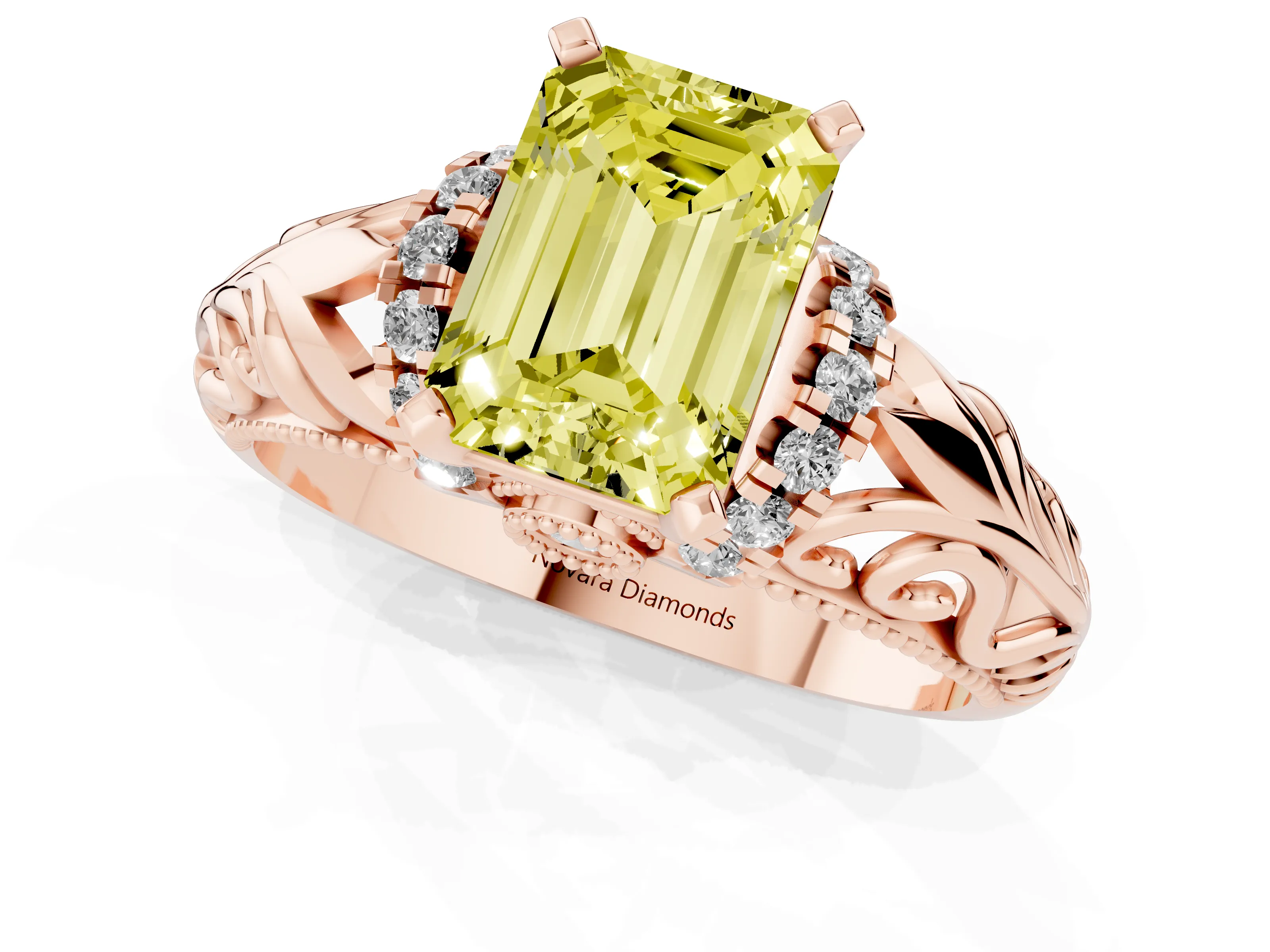 Fancy Yellow Emerald Cut Diamond Filigree Halo Engagement Ring Set in Rose gold with Prong Setting
