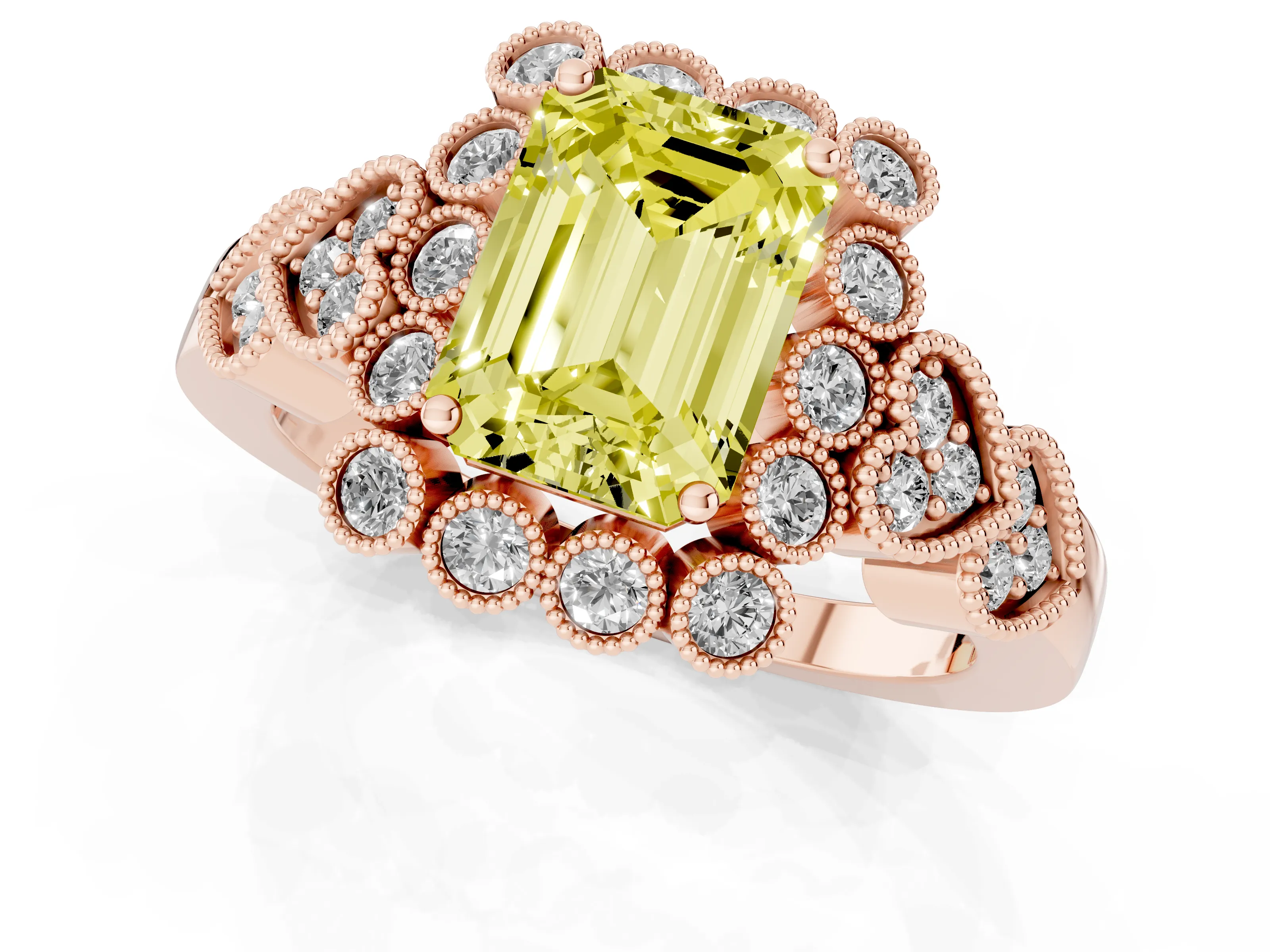 Fancy Yellow Emerald Cut Diamond Solitaire Ring Set in Rose gold with Milgrain Pavé Heart Band