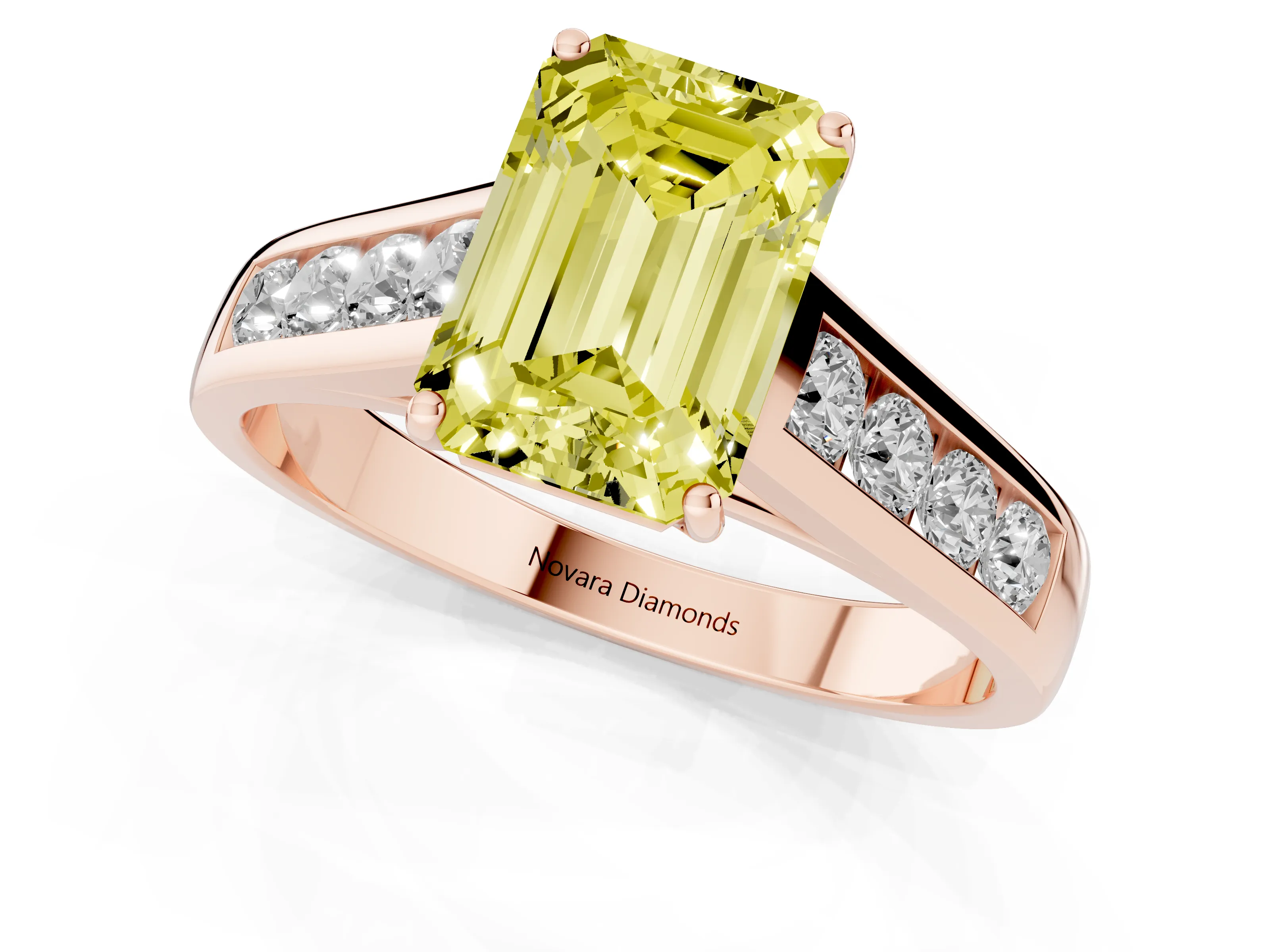 Fancy Yellow Emerald Cut Diamond Brilliant Channel-Set Solitaire Ring Set in Rose gold with Prong Setting