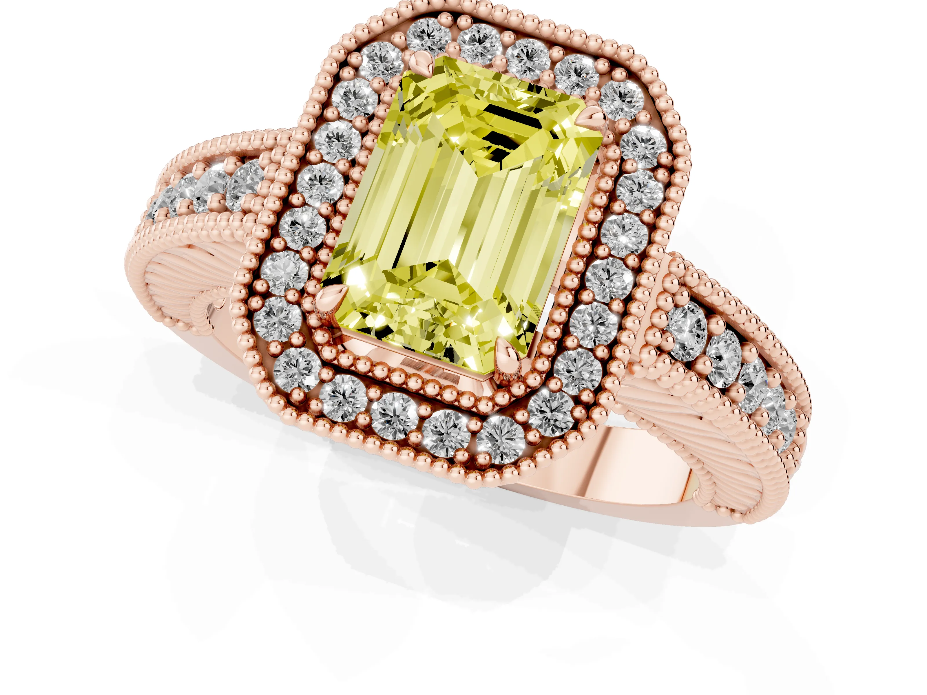 Fancy Yellow Emerald Cut Diamond Halo Ring Set in Rose gold with Round Accent Halo, Pavé Band and Prong Setting