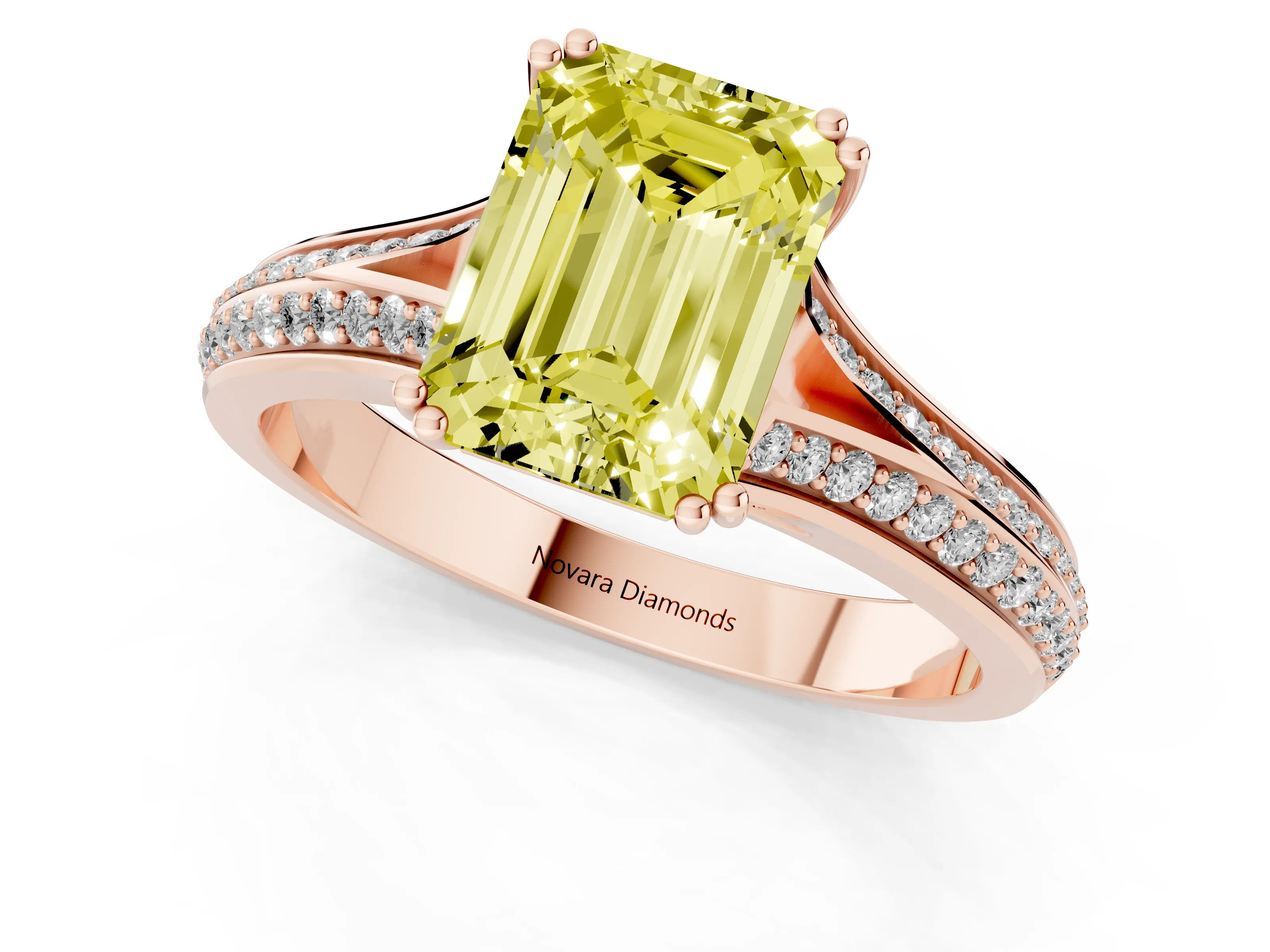 Fancy Yellow Emerald Cut Diamond Split Shank Pavé Engagement Ring Set in Rose gold with Prong-Set Center Stone