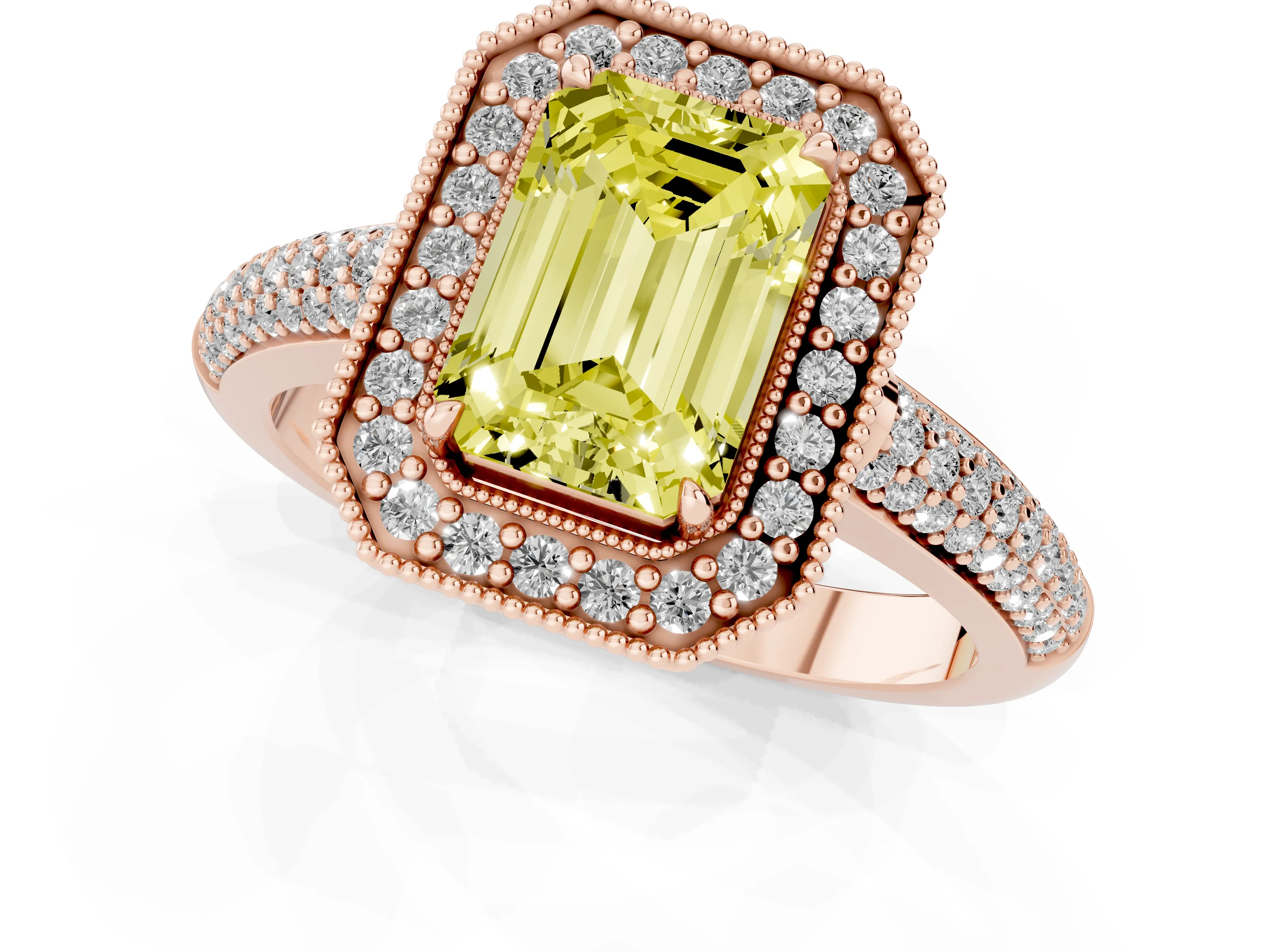 Fancy Yellow Emerald Cut Diamond Halo Pavé Band Set in Rose gold with Prong Setting