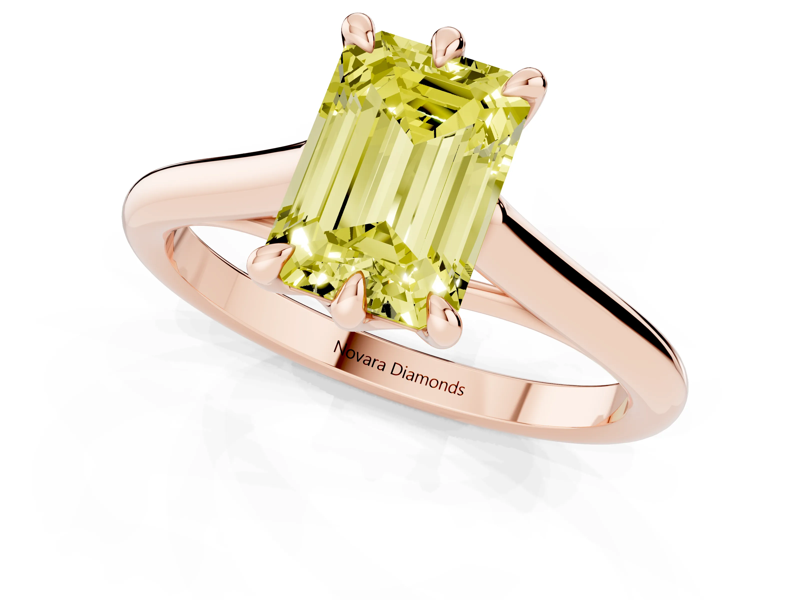Fancy Yellow Emerald Cut Diamond Solitaire Engagement Ring Set in Rose gold with Prong Setting and Plain Classic Band