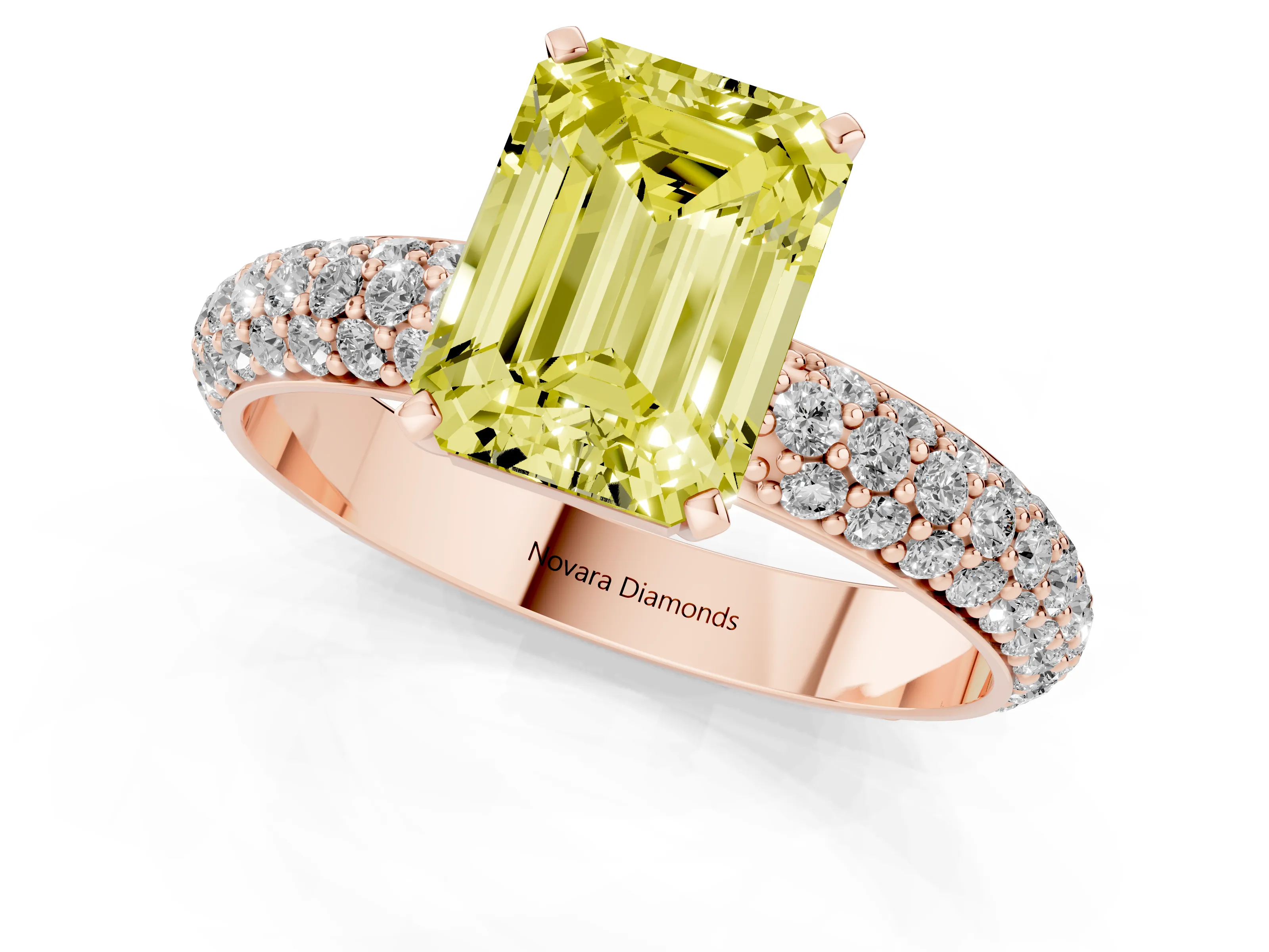 Fancy Yellow Emerald Cut Diamond Solitaire Ring Set in Rose gold with Prong Setting and Pavé-Set Band