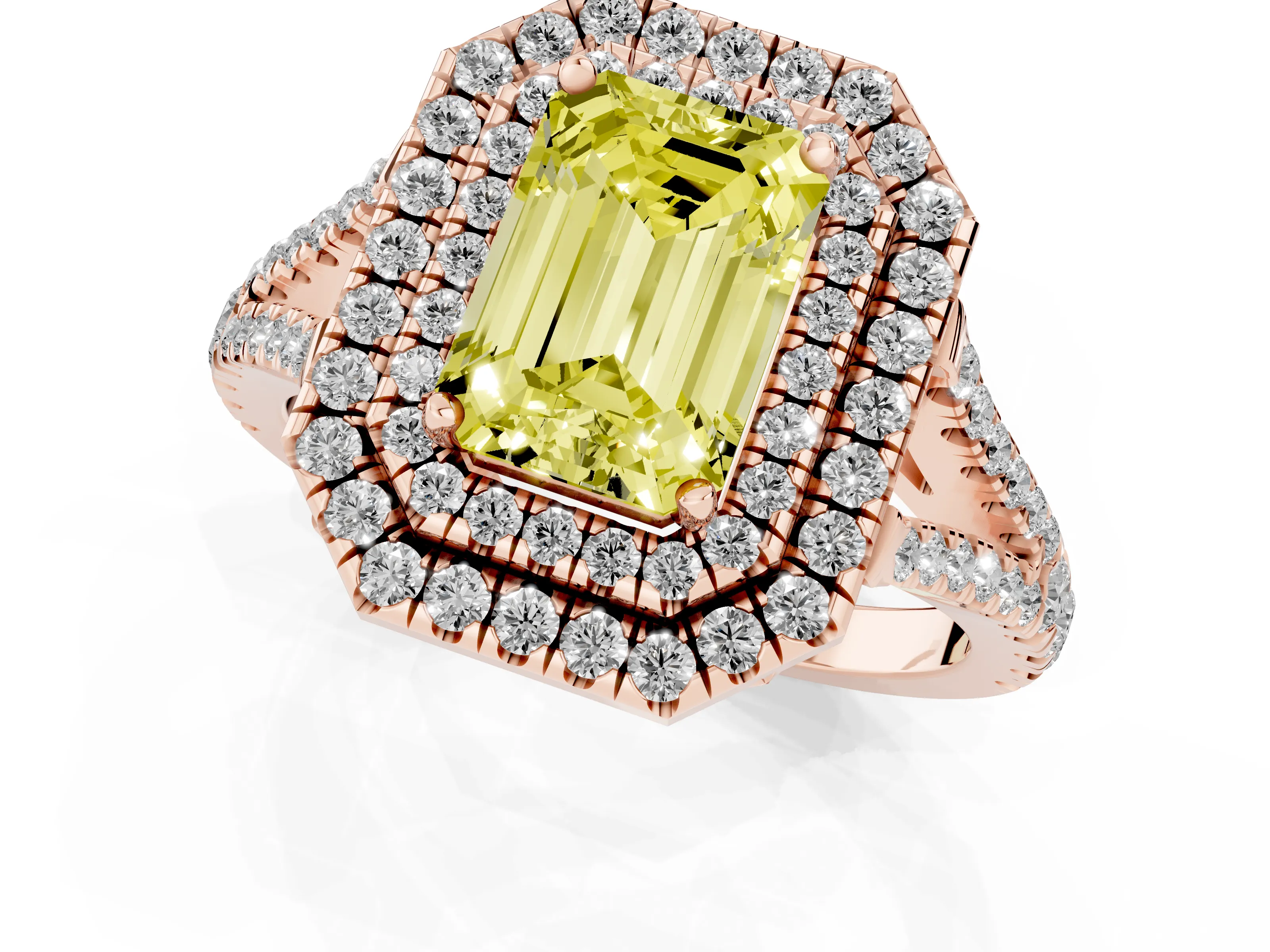 Fancy Yellow Emerald Cut Diamond Double Halo Ring Set in Rose gold with Pavé Band