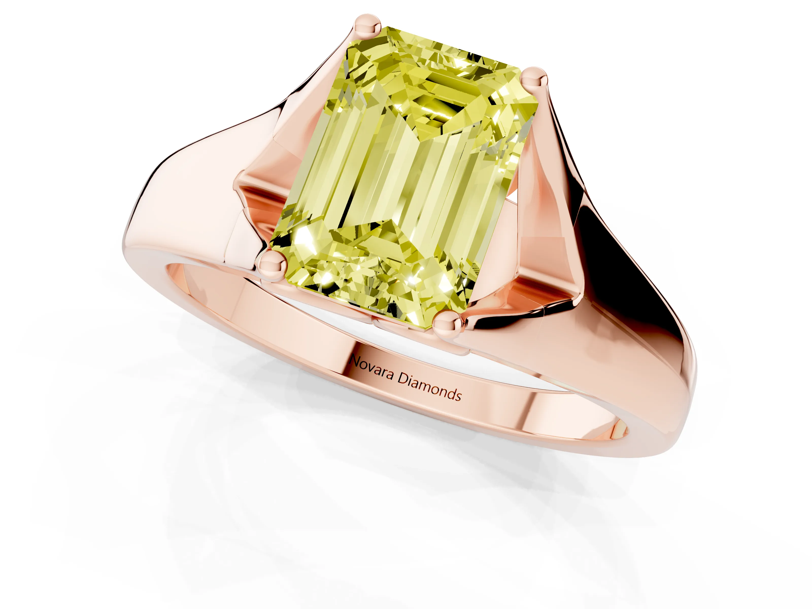 Fancy Yellow Emerald Cut Diamond Solitaire Ring Set in Rose gold with Arched Cathedral Band and Prong Setting