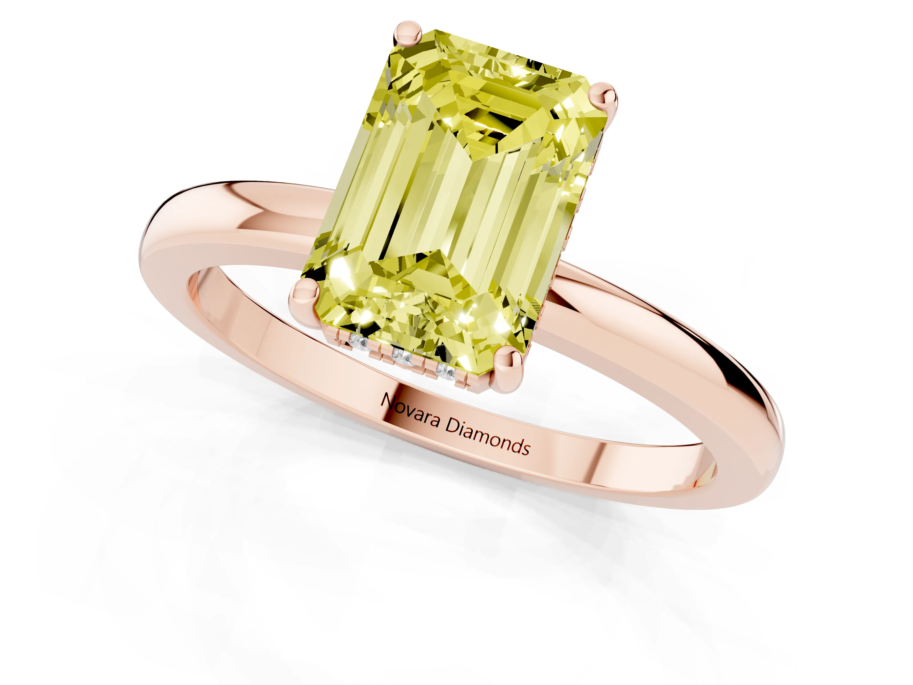 Fancy Yellow Emerald Cut Diamond Solitaire Ring Set in Rose gold with Plain Band and Prong Setting