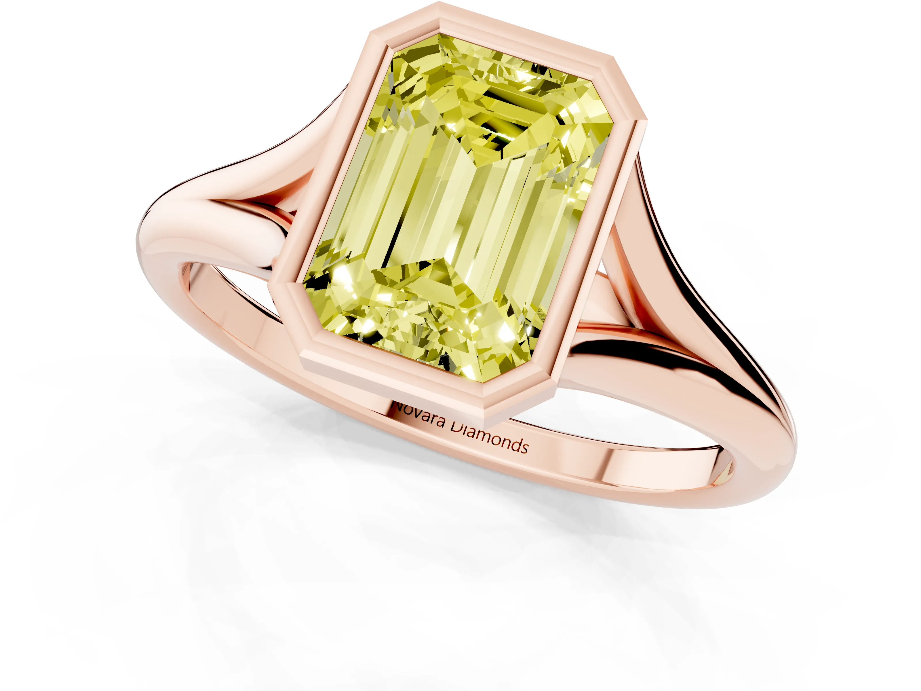 Fancy Yellow Bezel Set Emerald Cut Diamond Solitaire Ring Set in Rose gold with Tapered Band