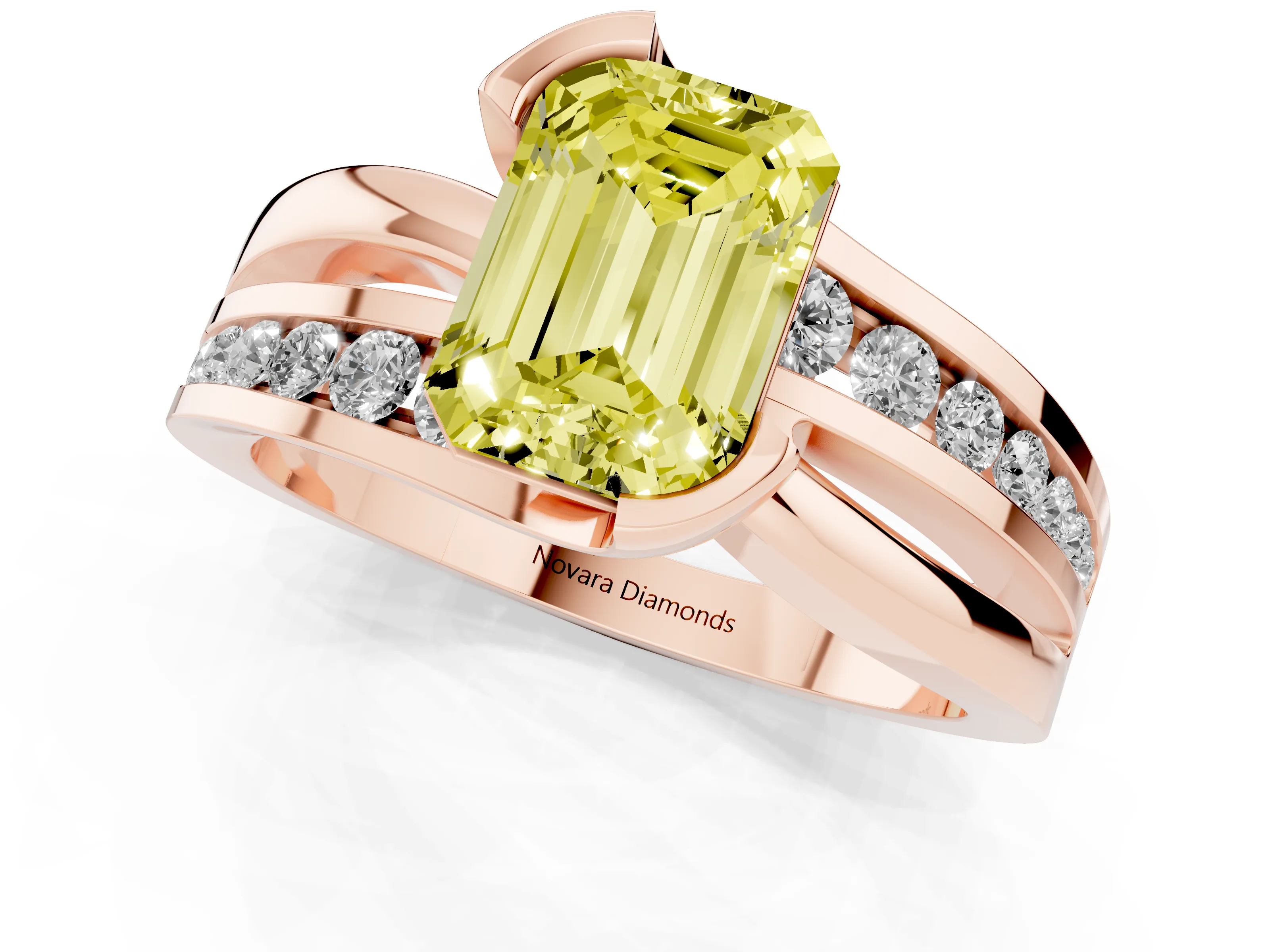 Fancy Yellow Emerald Cut Diamond Solitaire Ring Set in Rose gold with Channel Set Split Shank and Tension Prongs