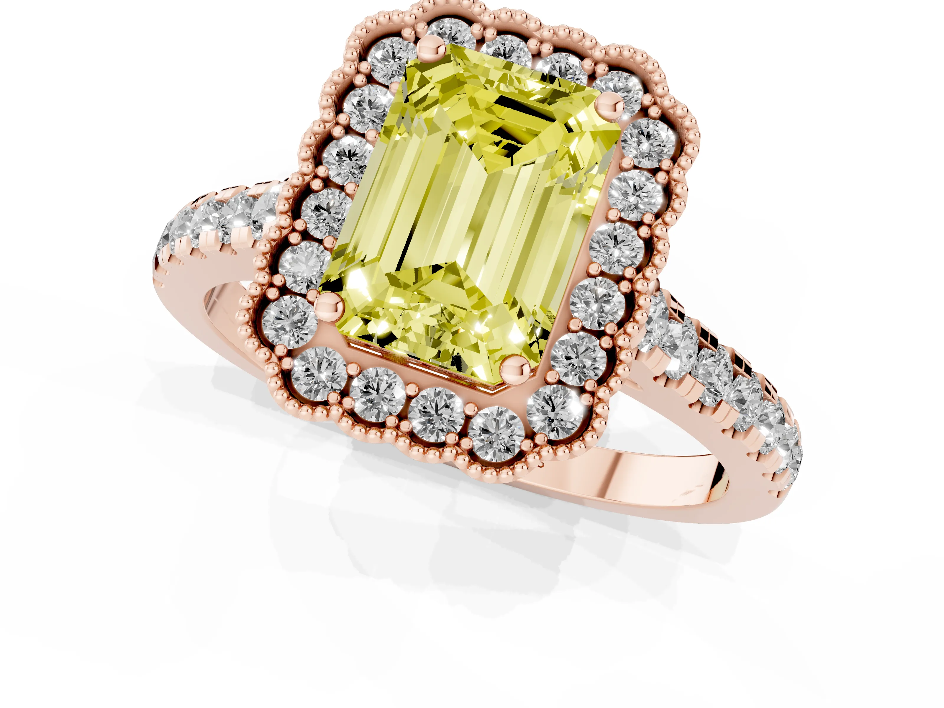 Fancy Yellow Emerald Cut Diamond Milgrain Floral Halo Engagement Ring Set in Rose gold with Pavé Band