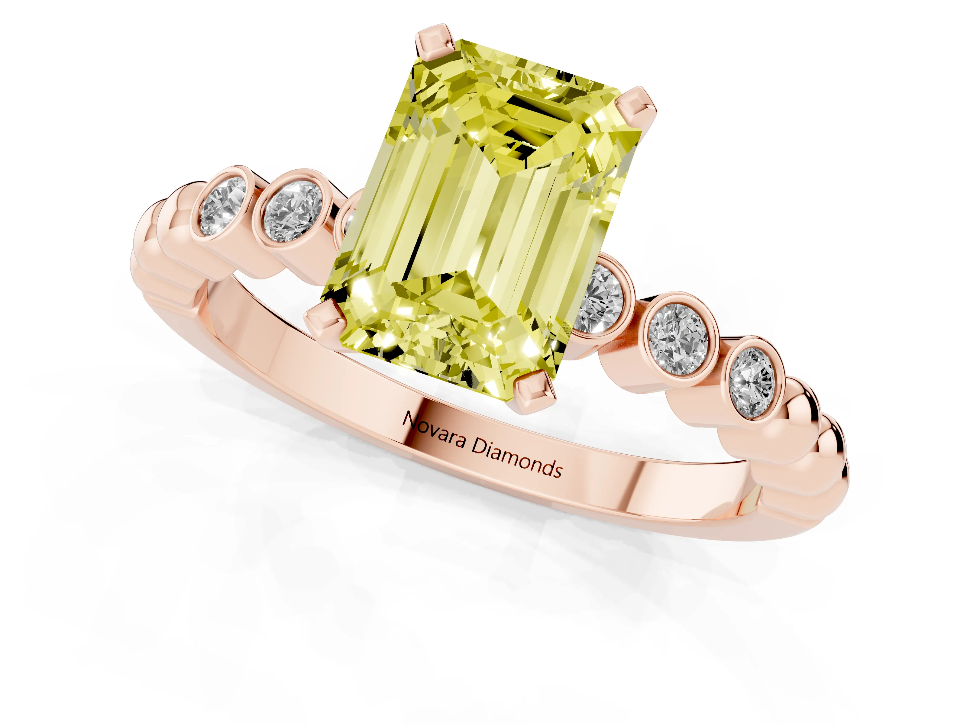 Fancy Yellow Emerald Cut Diamond Solitaire Engagement Ring Set in Rose gold with Bezel Accents on Beaded Band