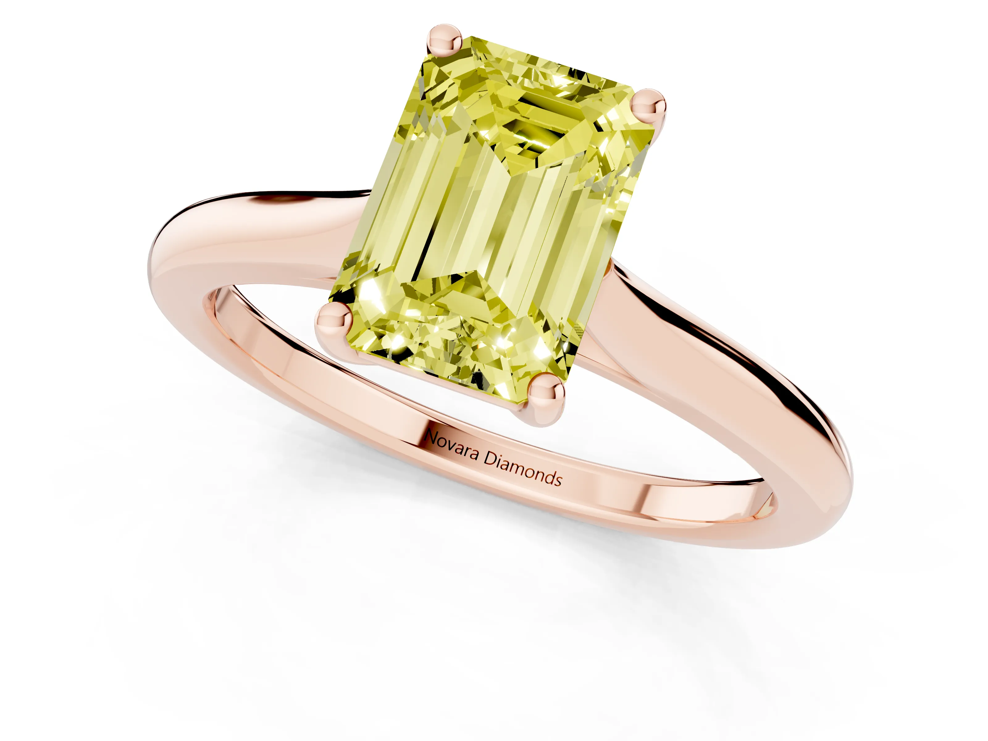 Fancy Yellow Emerald Cut Diamond Solitaire Ring Set in Rose gold with Cathedral Band and Prong Setting