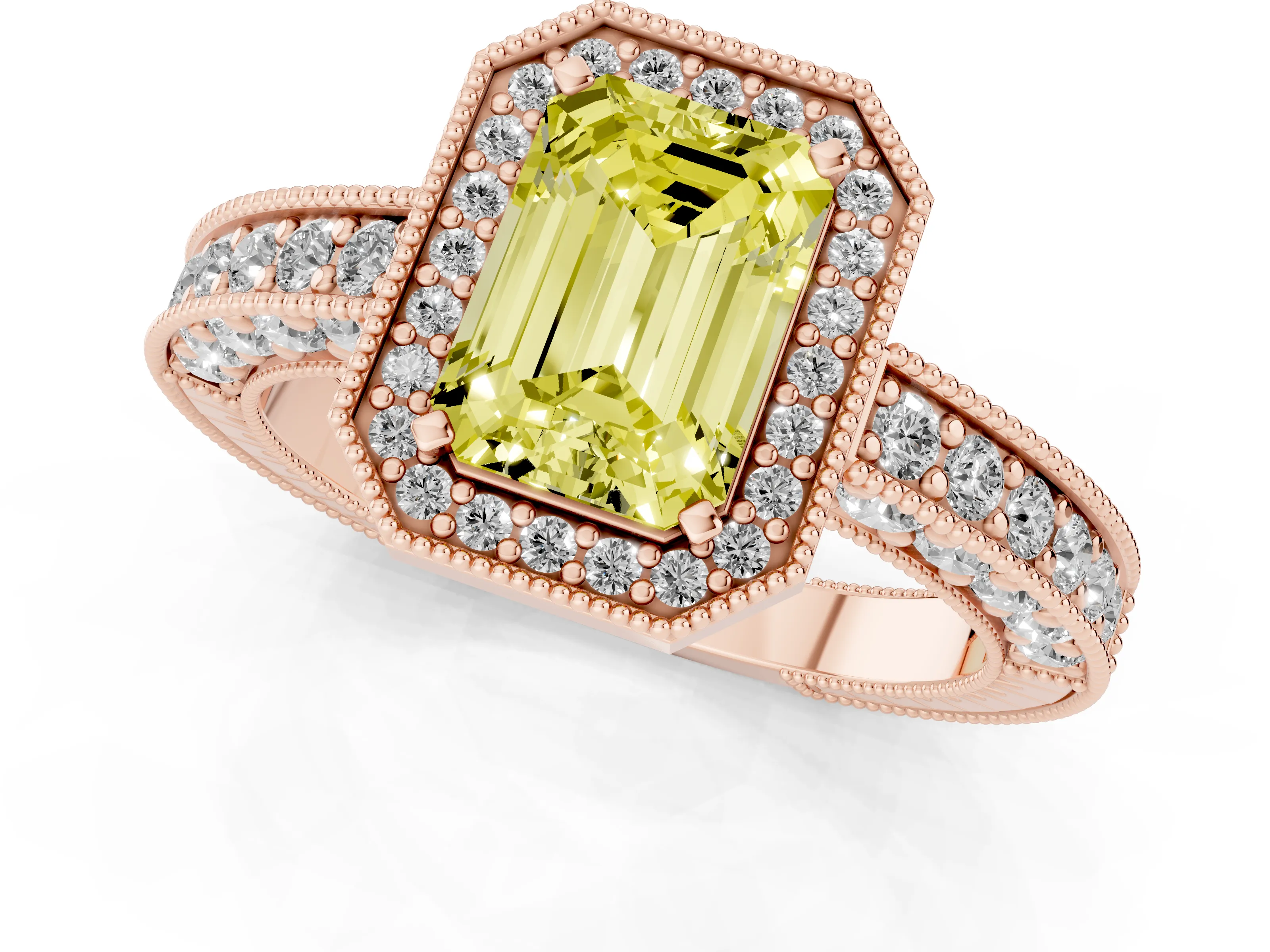 Fancy Yellow Emerald Cut Diamond Halo Pavé Band Ring Set in Rose gold with Prong-Set Center