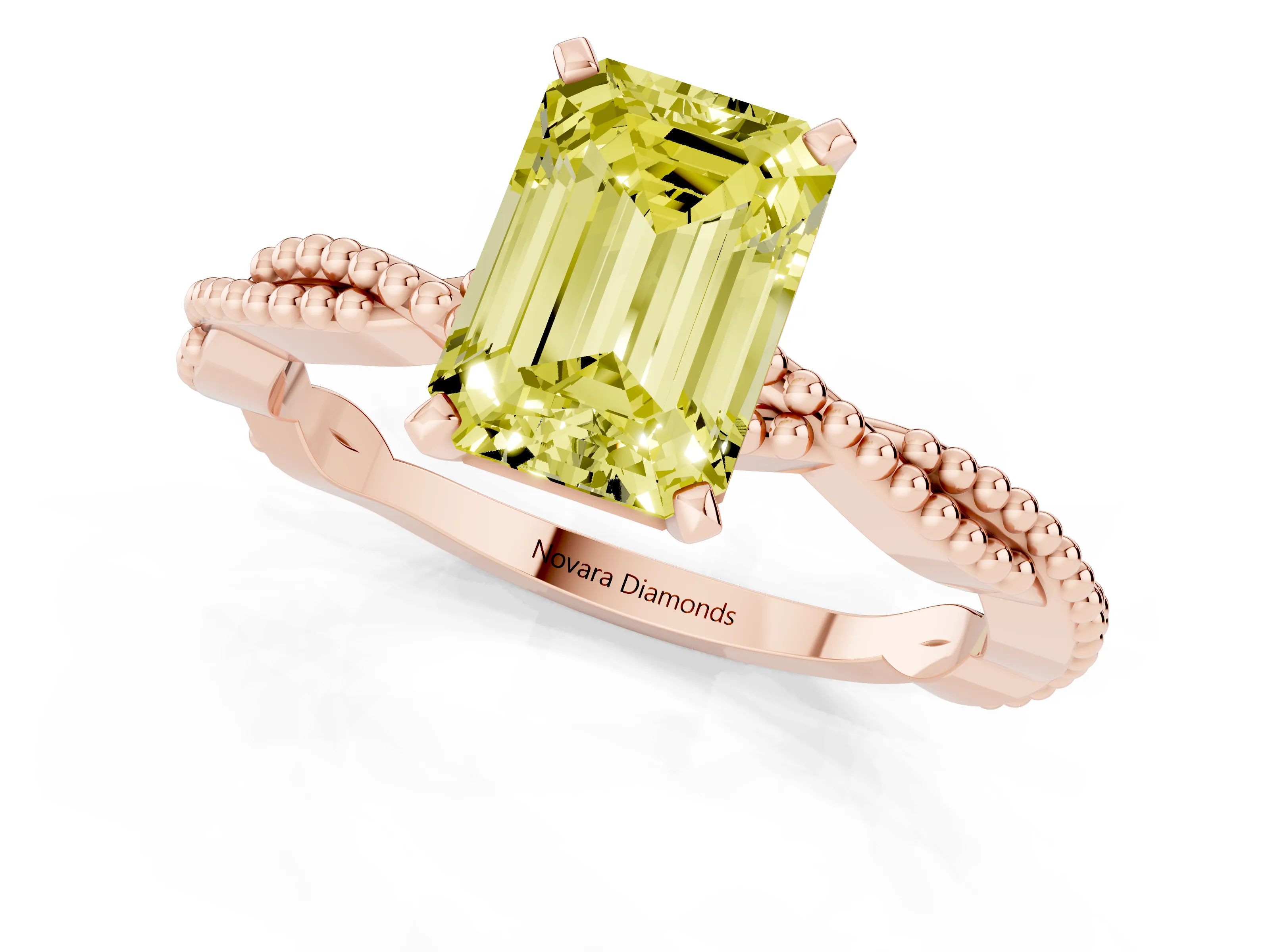 Fancy Yellow Emerald Cut Diamond Solitaire Ring Set in Rose gold with Twisted Band and Bead Prong Setting