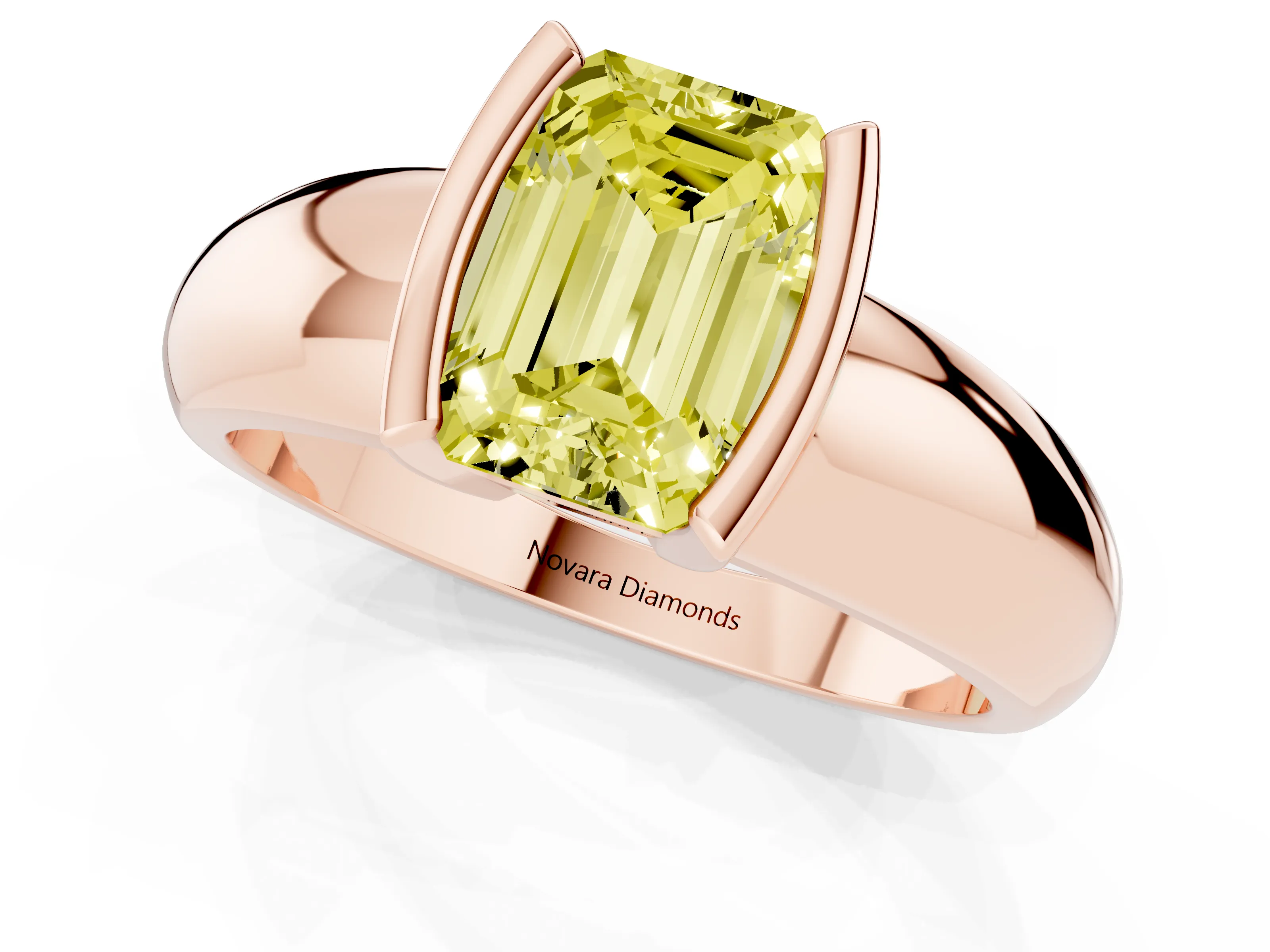 Fancy Yellow Emerald Cut Diamond Solitaire Tension Set Ring Set in Rose gold with Wide Band