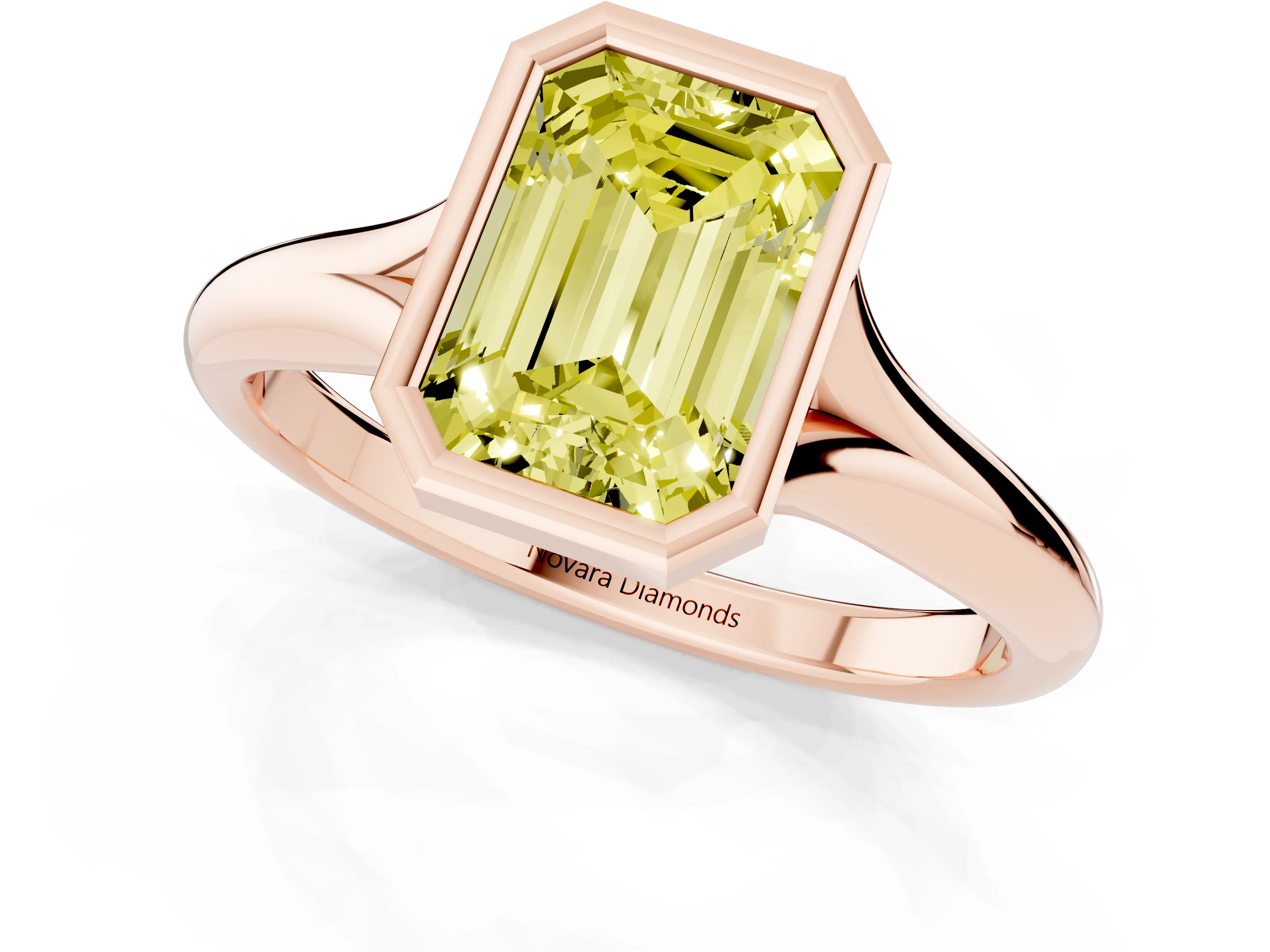 Fancy Yellow Bezel Set Emerald Cut Diamond Solitaire Ring Set in Rose gold with Smooth Band