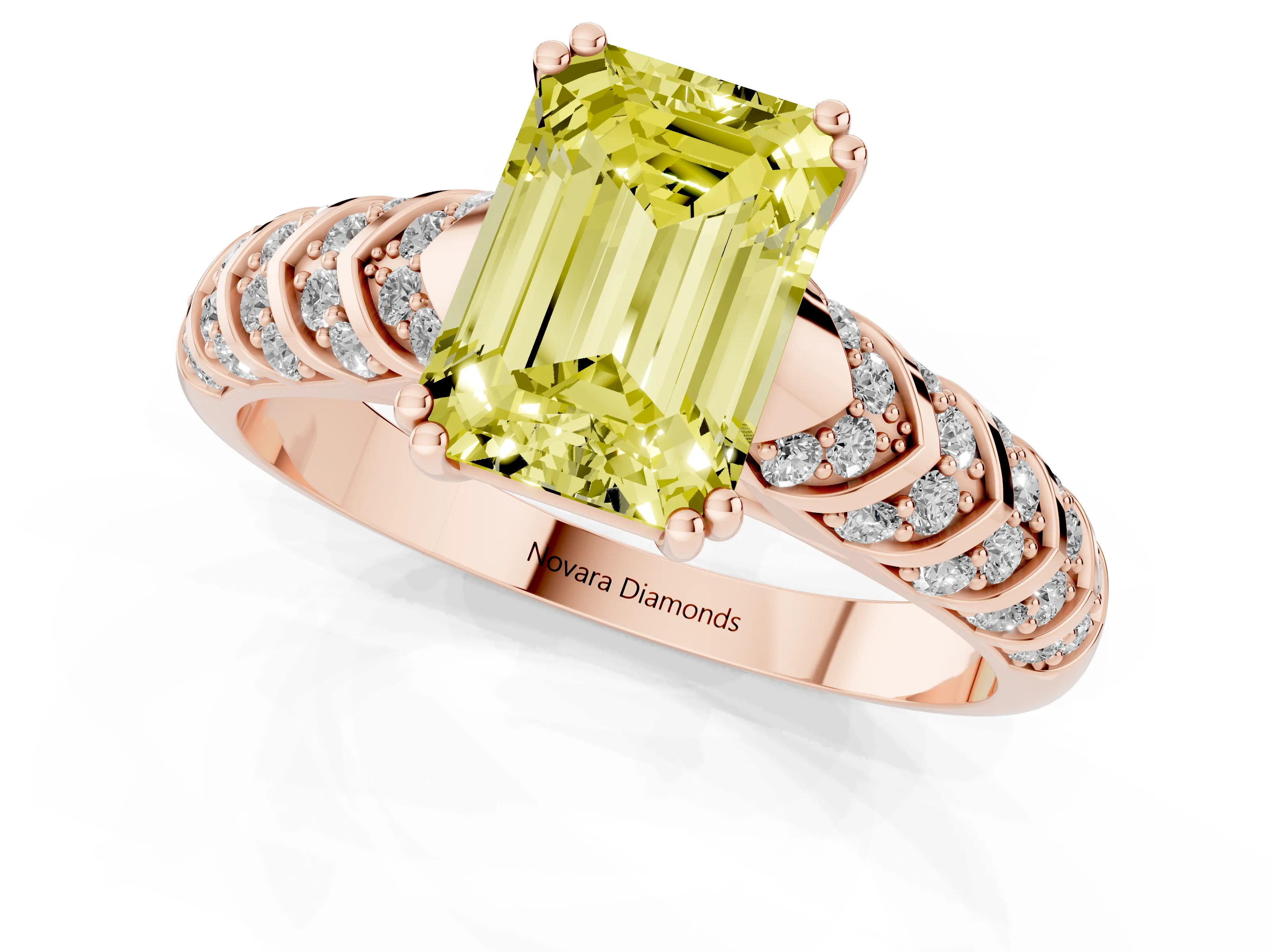 Fancy Yellow Emerald Cut Diamond Solitaire Chevron Pavé Engagement Ring Set in Rose gold with Prong Setting