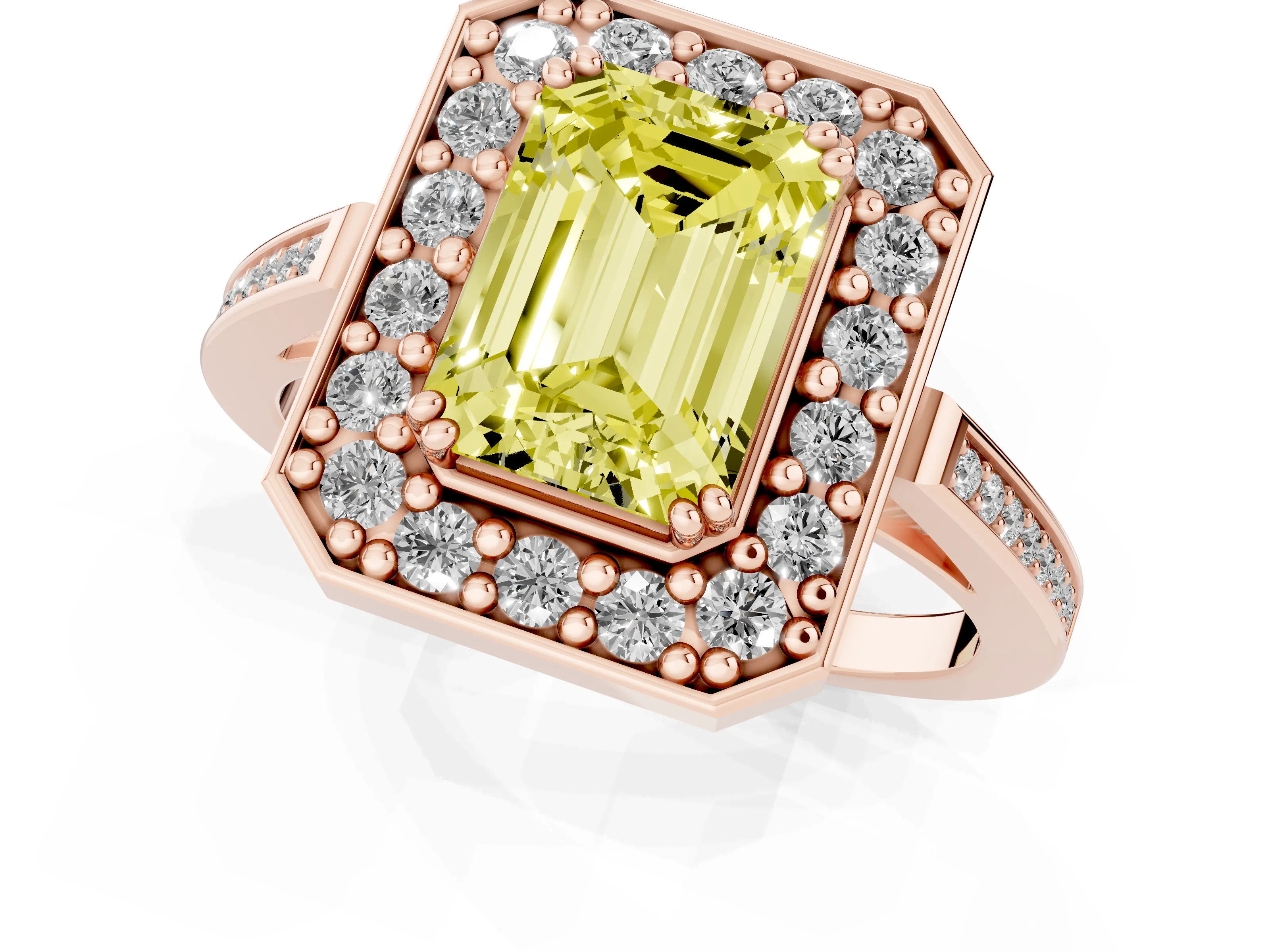 Fancy Yellow Emerald Cut Diamond Halo Ring Set in Rose gold with Accent-Lined Split Shank and Prong Setting