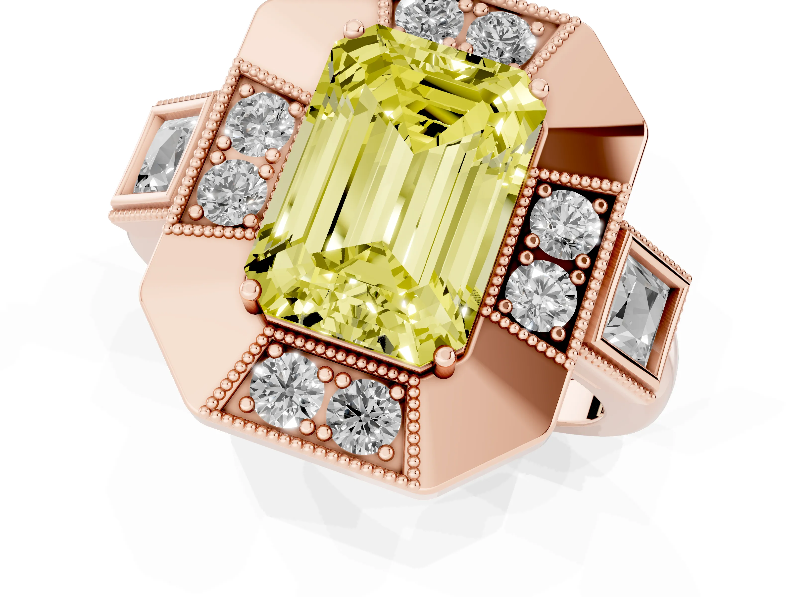 Fancy Yellow Emerald Cut Diamond Milgrain Halo Ring Set in Rose gold with Split Shank