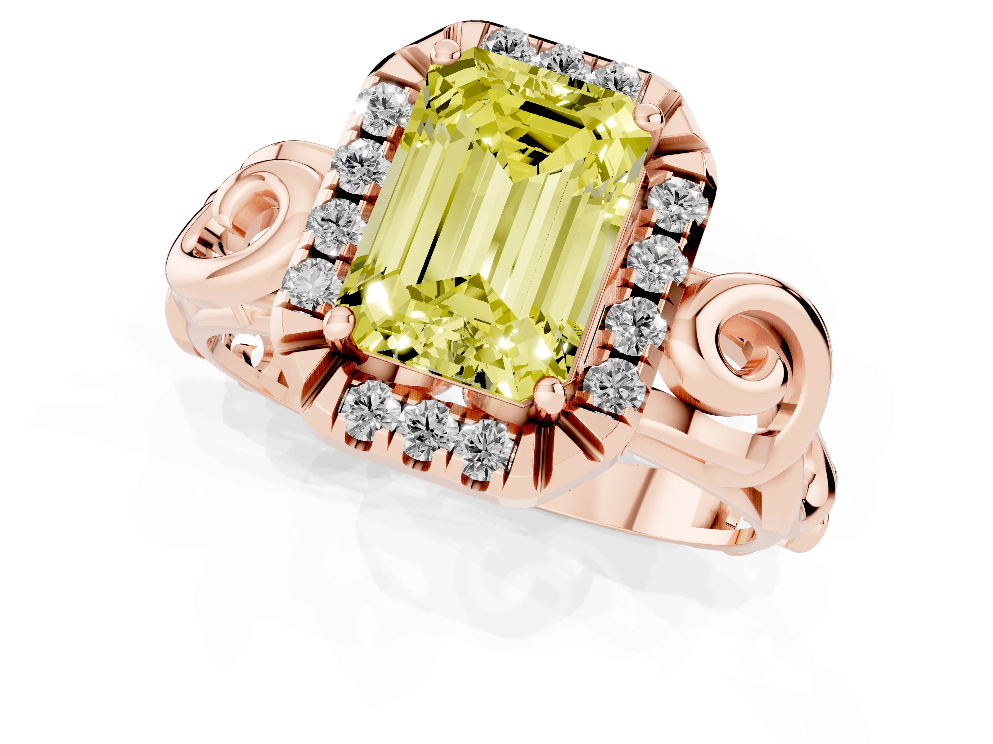 Fancy Yellow Emerald Cut Diamond Halo Ring Set in Rose gold with Scrollwork Band and Prong Setting