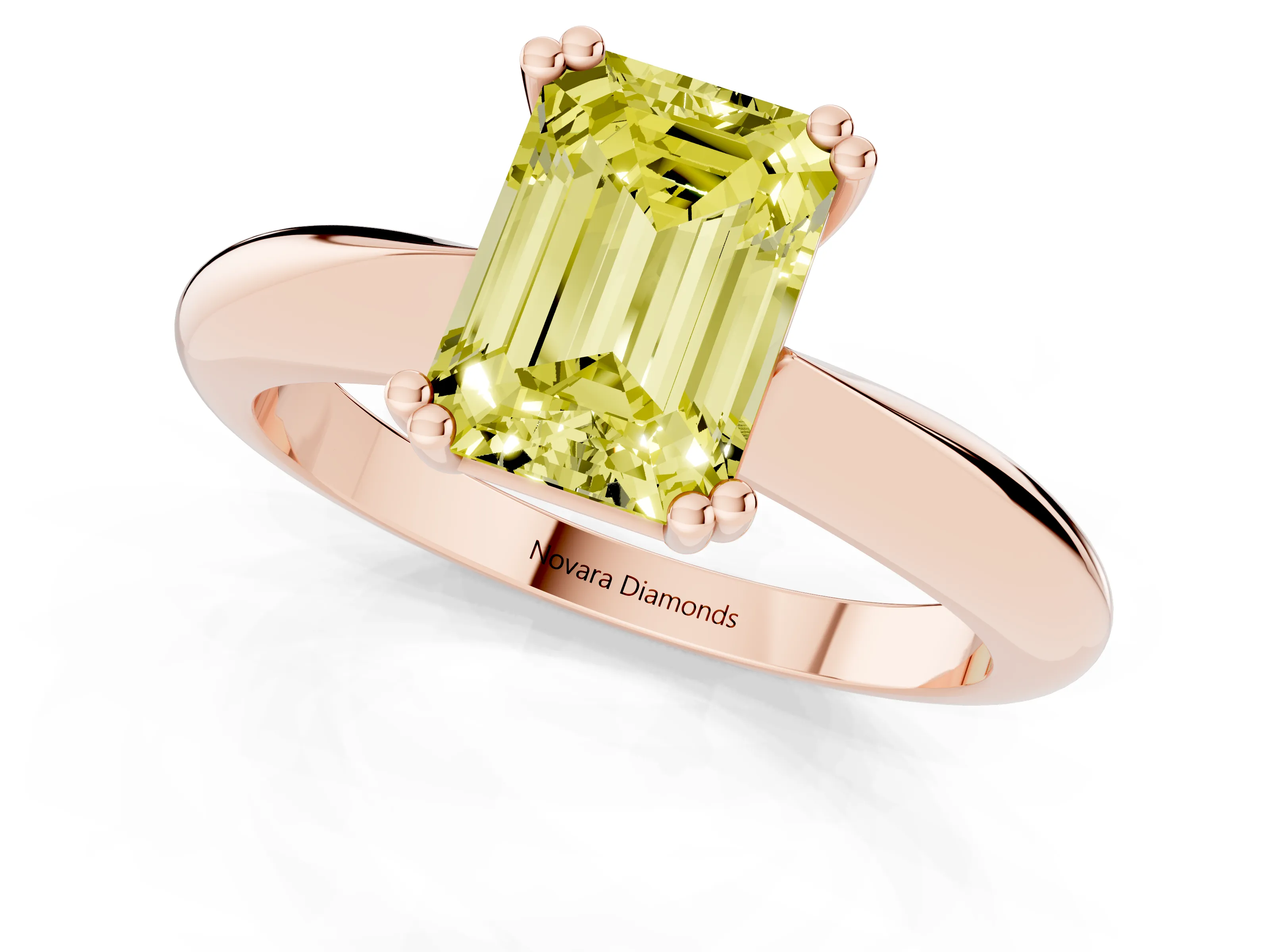 Fancy Yellow Emerald Cut Diamond Solitaire Engagement Ring Set in Rose gold with Tapered Band and Prong Setting