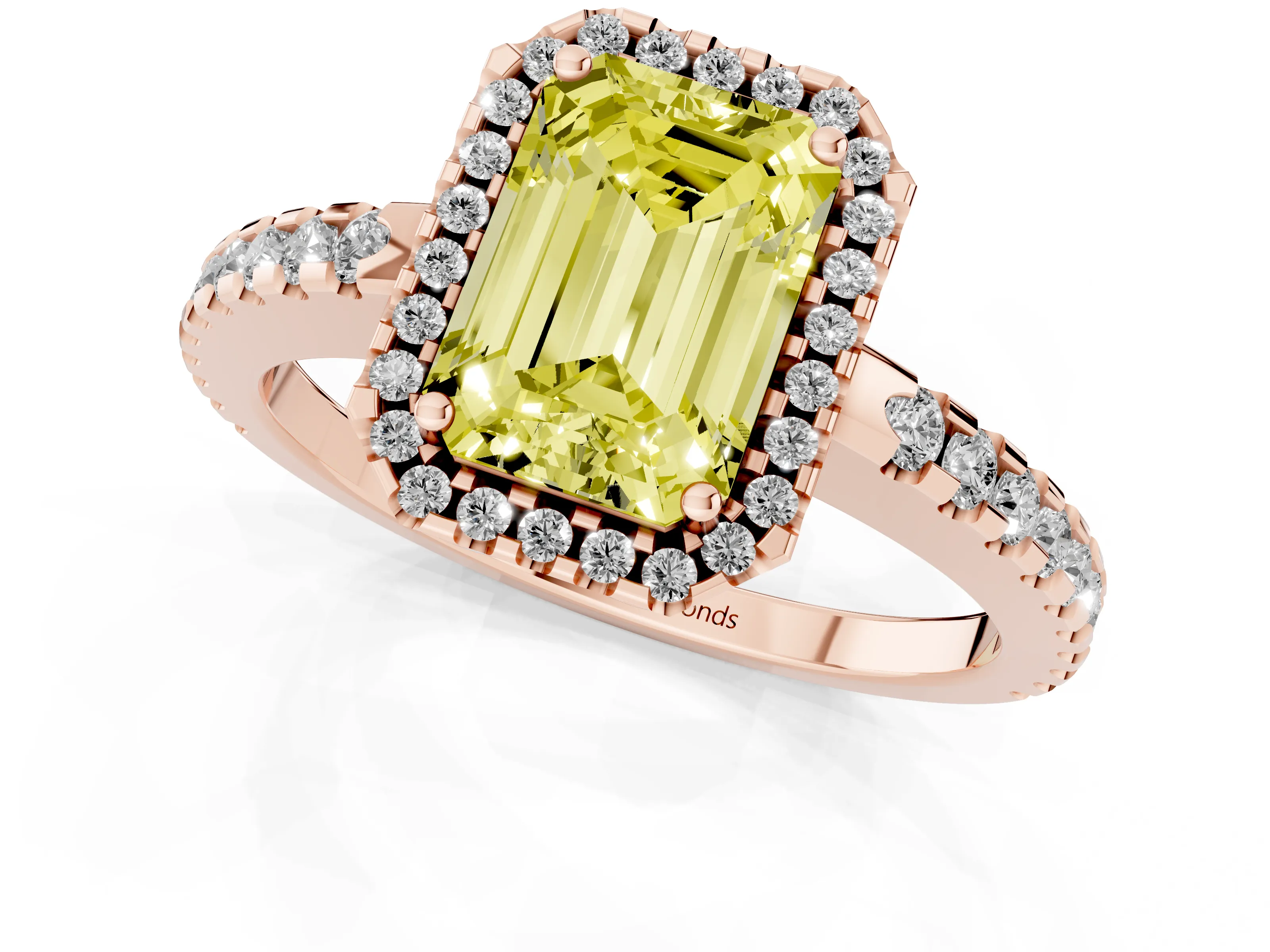 Fancy Yellow Emerald Cut Diamond Halo Ring Set in Rose gold with Pavé Shoulders and Halo-Framed Center
