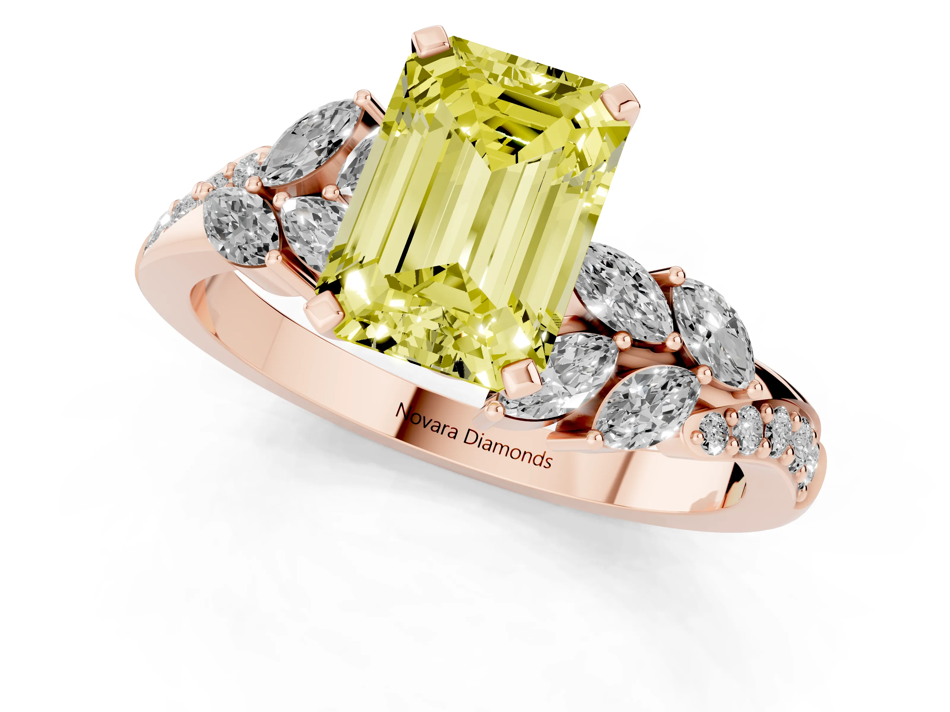 Fancy Yellow Emerald Cut Diamond Solitaire Ring Set in Rose gold with Marquise Twist Band and Prong Setting