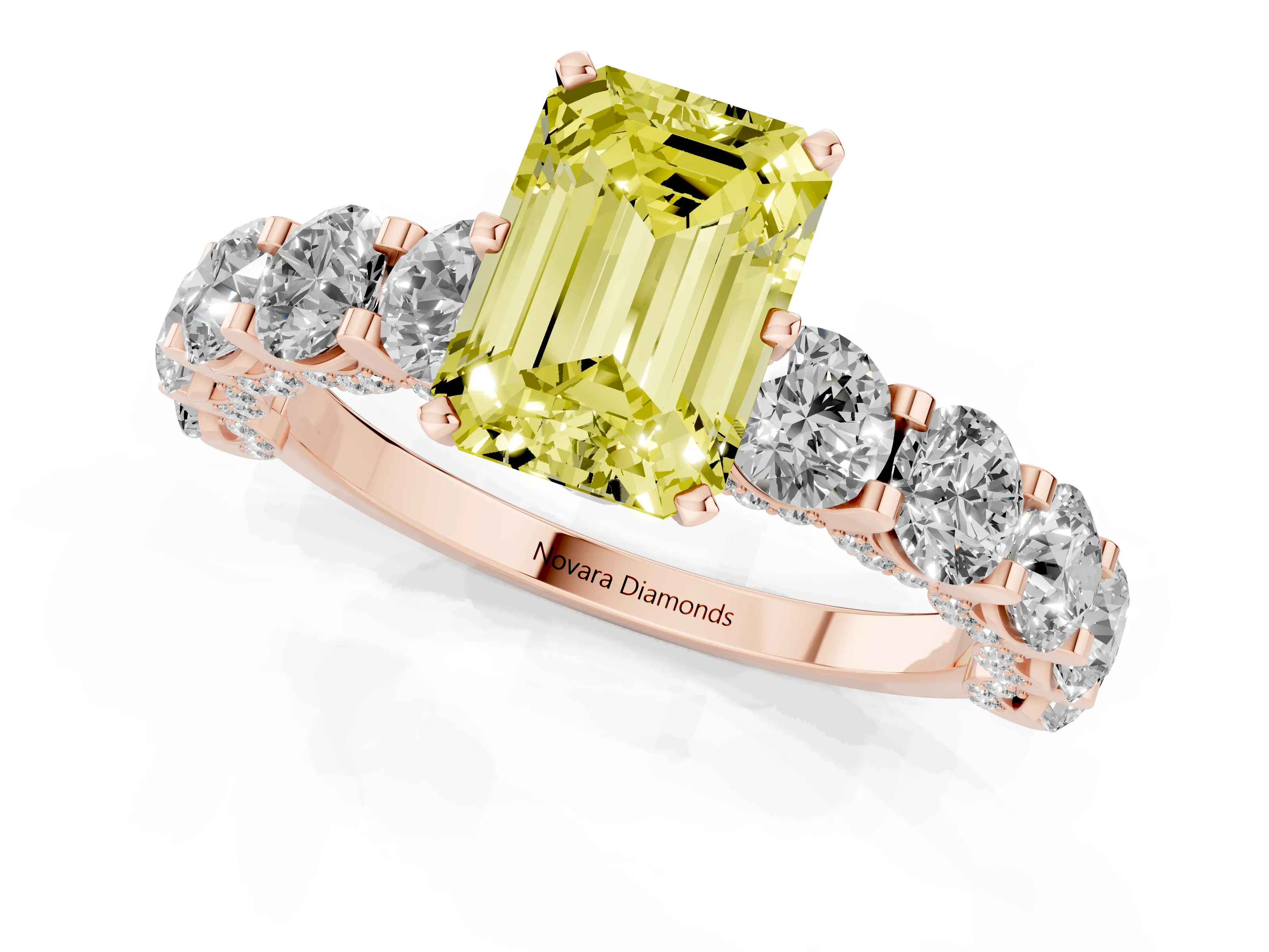 Fancy Yellow Emerald Cut Diamond Side Stone Ring Set in Rose gold with Alternating Round and Oval Side Stones – second view