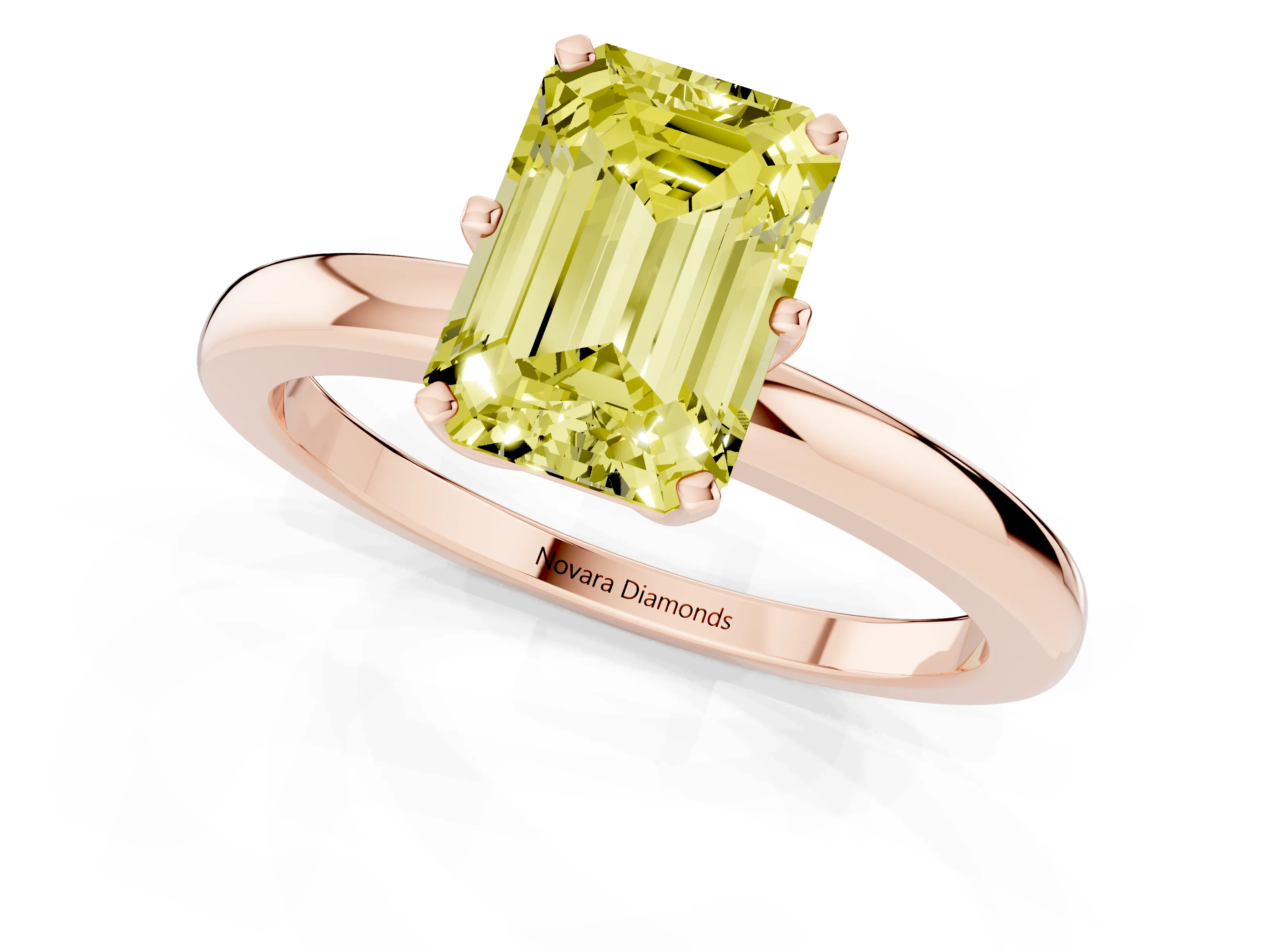Fancy Yellow Emerald Cut Diamond Solitaire Ring Set in Rose gold with Raised Prong Setting on a Classic Band