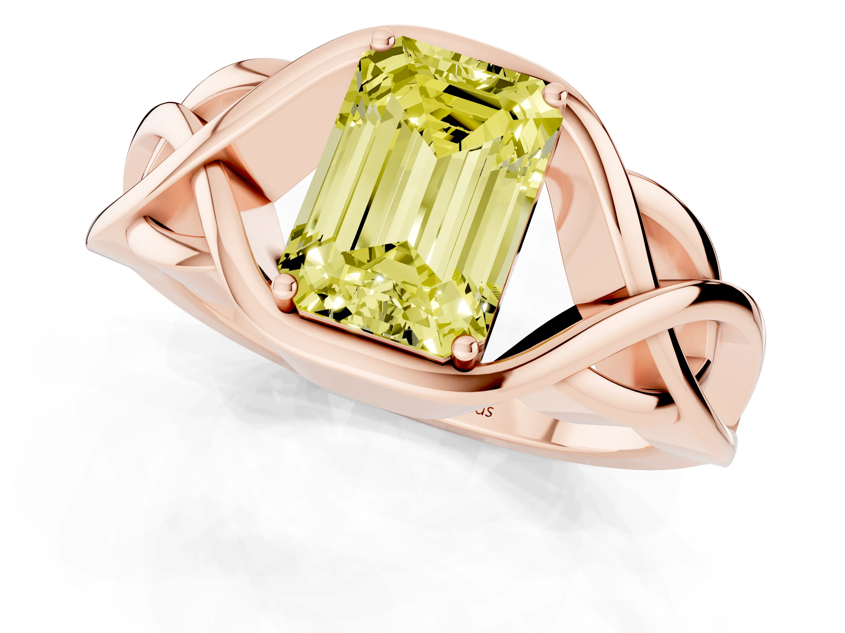 Fancy Yellow Emerald Cut Diamond Solitaire Ring Set in Rose gold with Intertwined Band