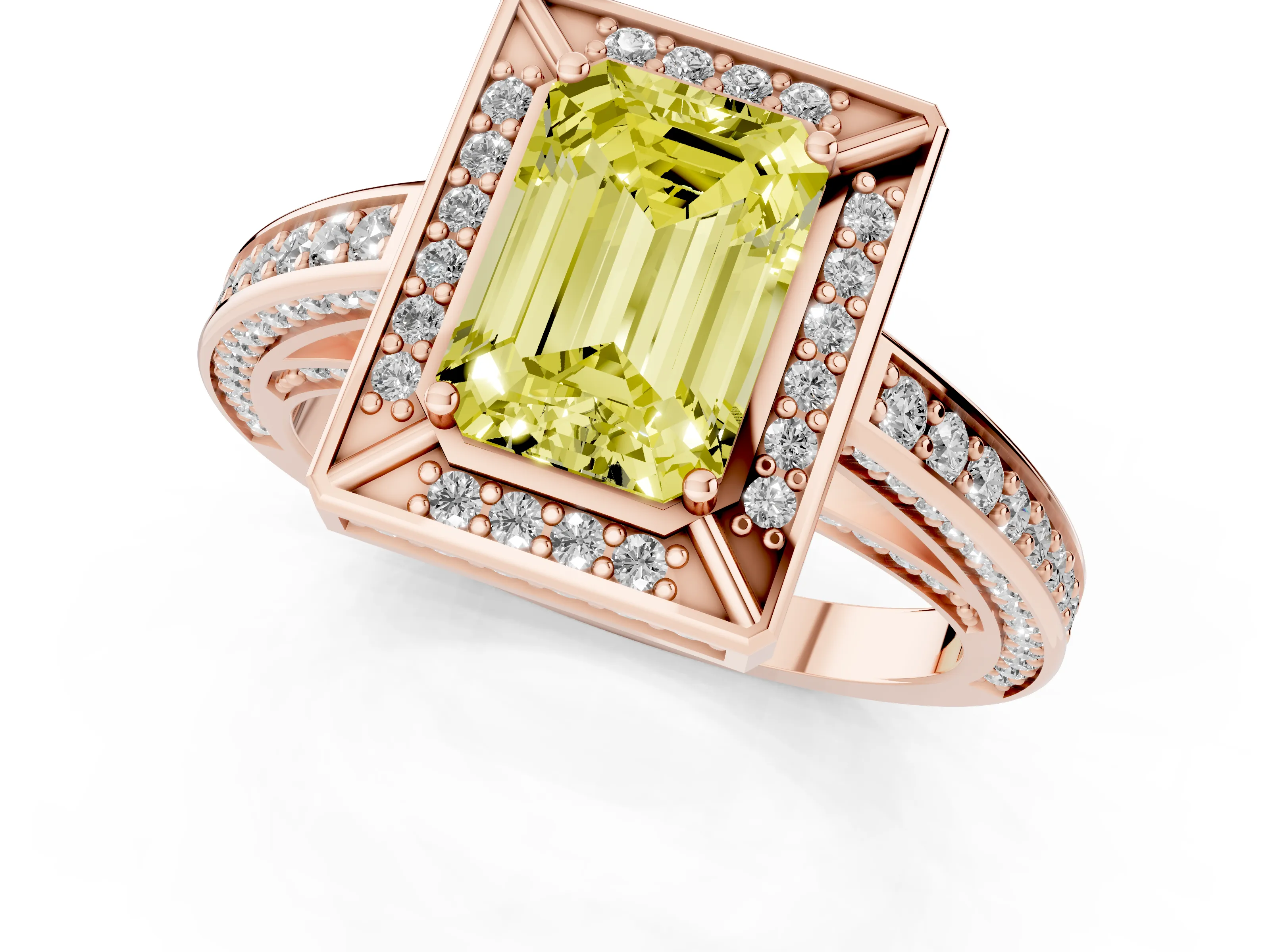 Fancy Yellow Emerald Cut Diamond Halo Pavé Split Shank Ring Set in Rose gold with Prong Setting