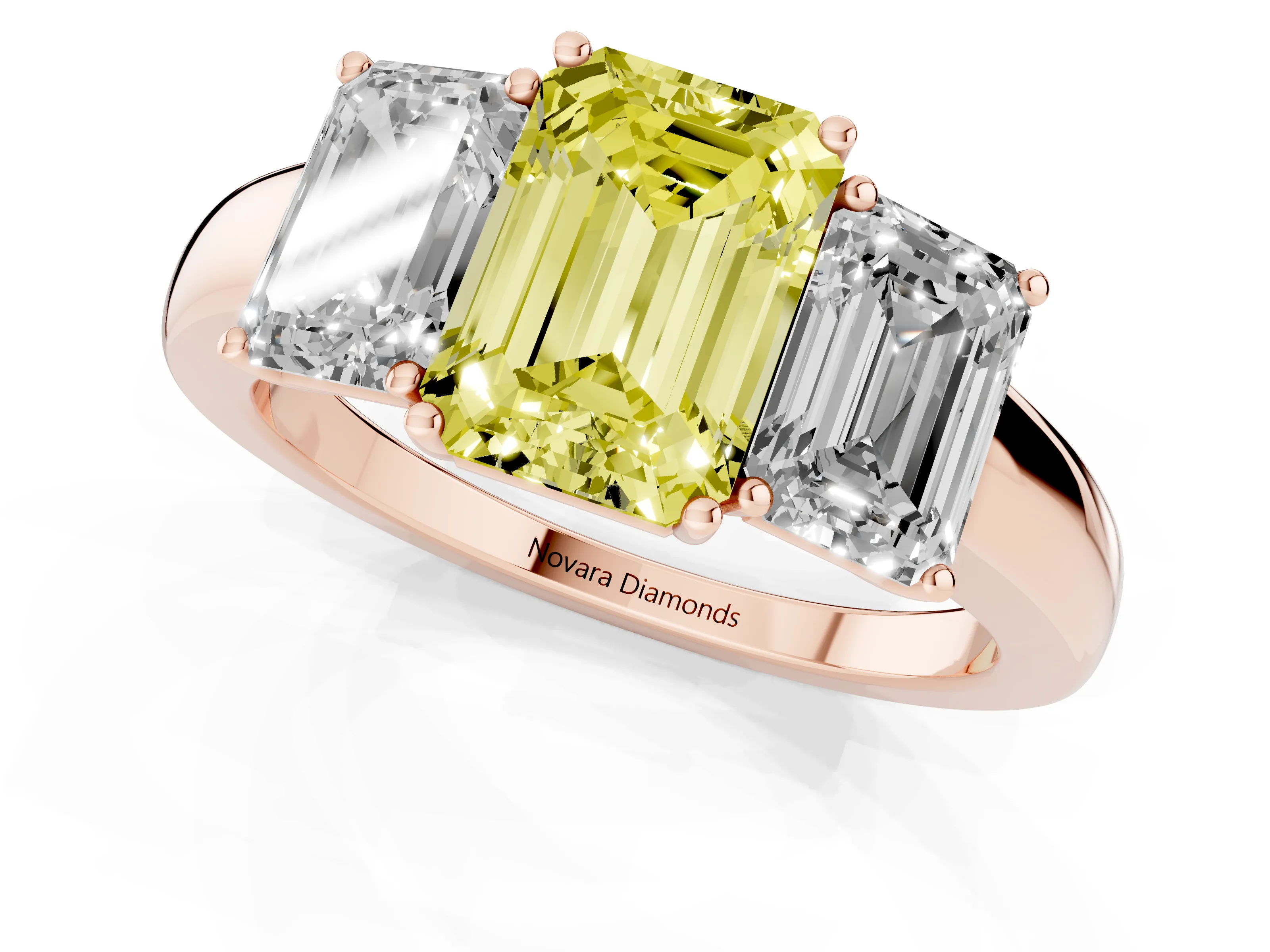 Fancy Yellow Emerald Cut Diamond Three-Stone Ring Set in Rose gold with Bold Center and Classic Band