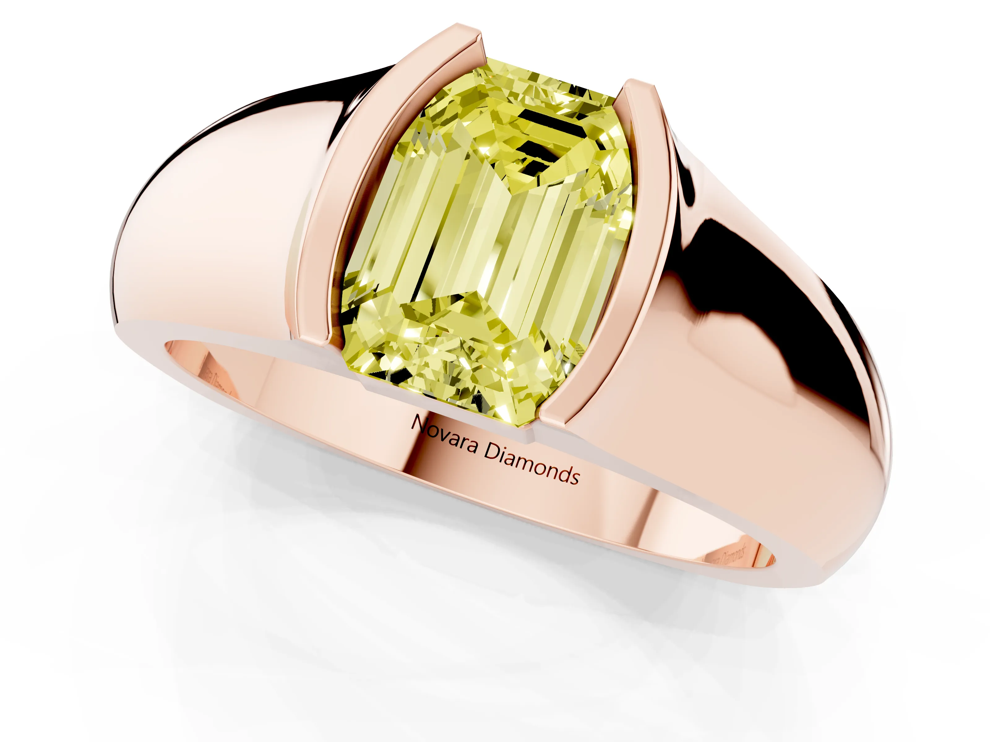 Fancy Yellow Emerald Cut Diamond Bezel Solitaire Ring Set in Rose gold with Wide Band