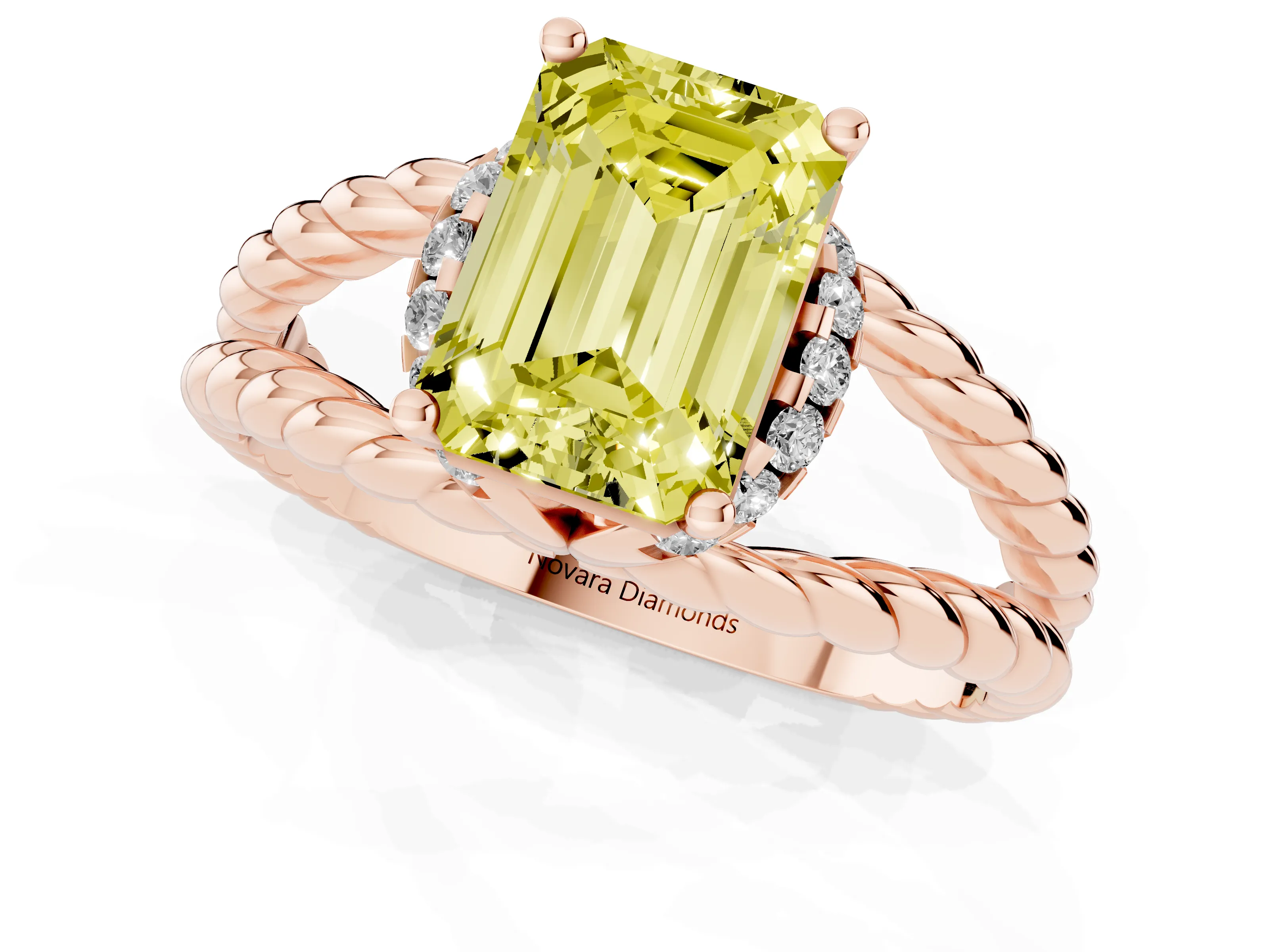 Fancy Yellow Emerald Cut Diamond Halo Ring Set in Rose gold with Twisted Band and Prong Setting
