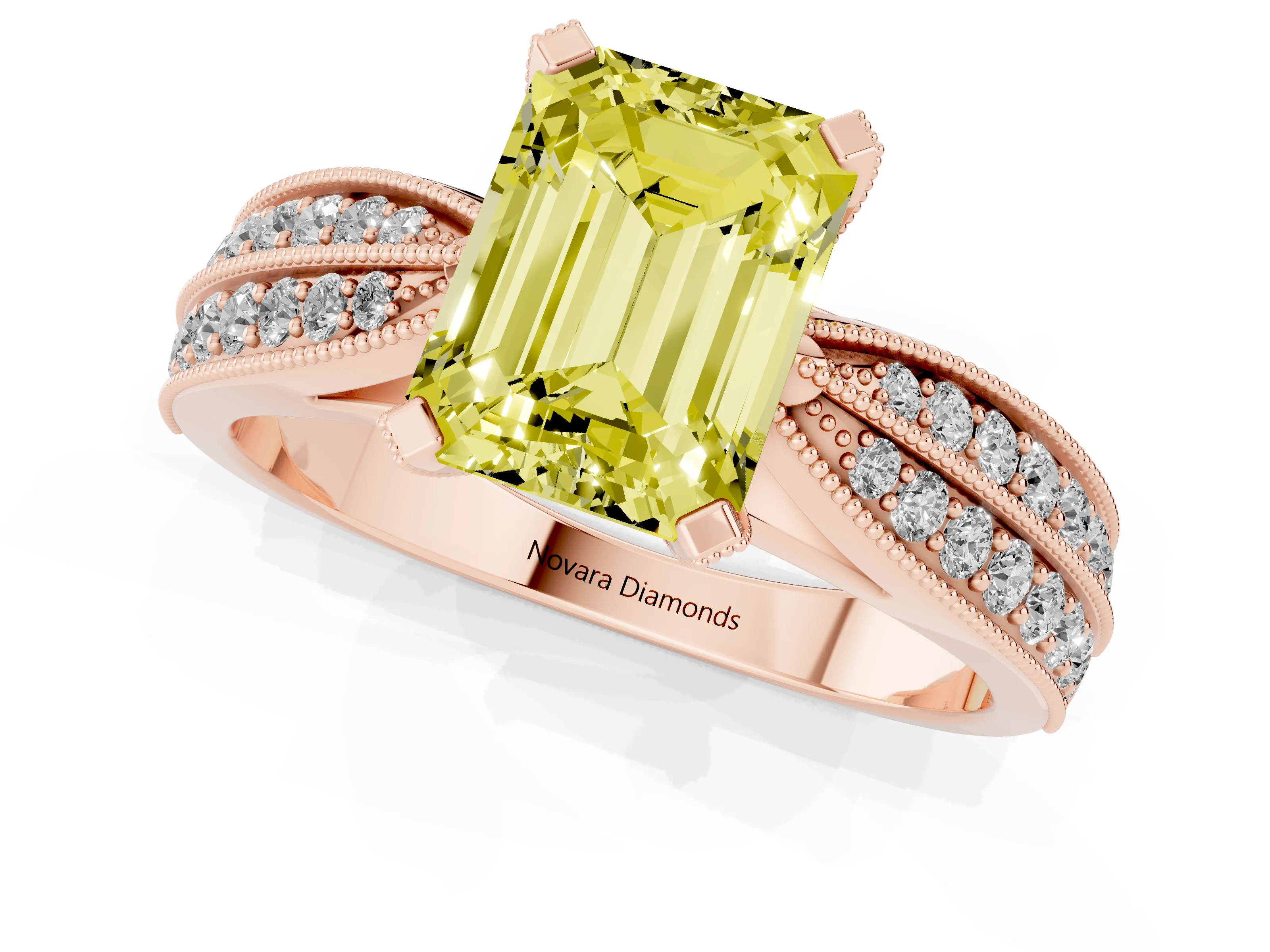 Fancy Yellow Emerald Cut Diamond Solitaire Ring Set in Rose gold with Milgrain Double Row Round Pavé Band