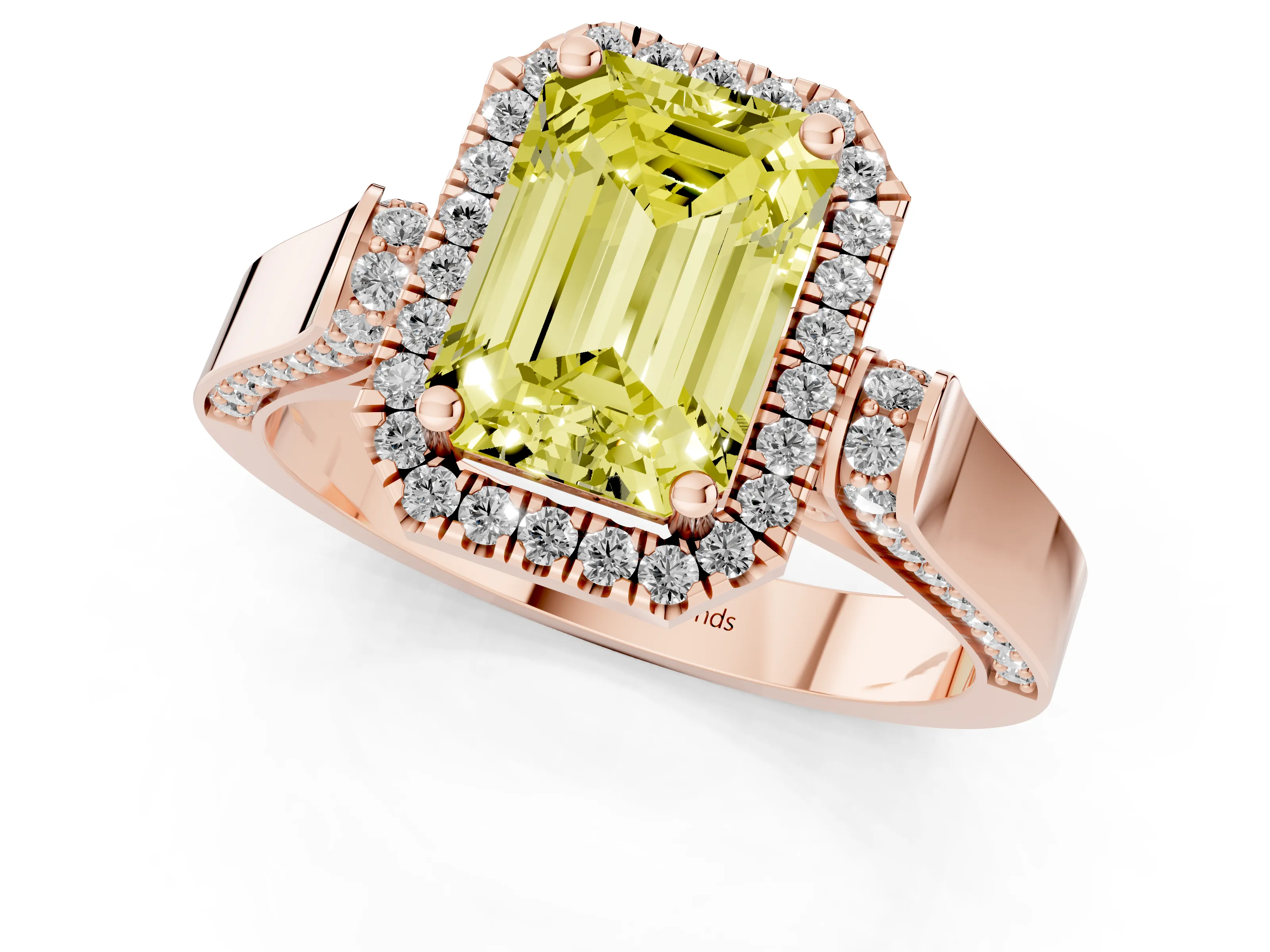 Fancy Yellow Emerald Cut Diamond Halo Ring Set in Rose gold with Pavé-Lined Split Shank Band