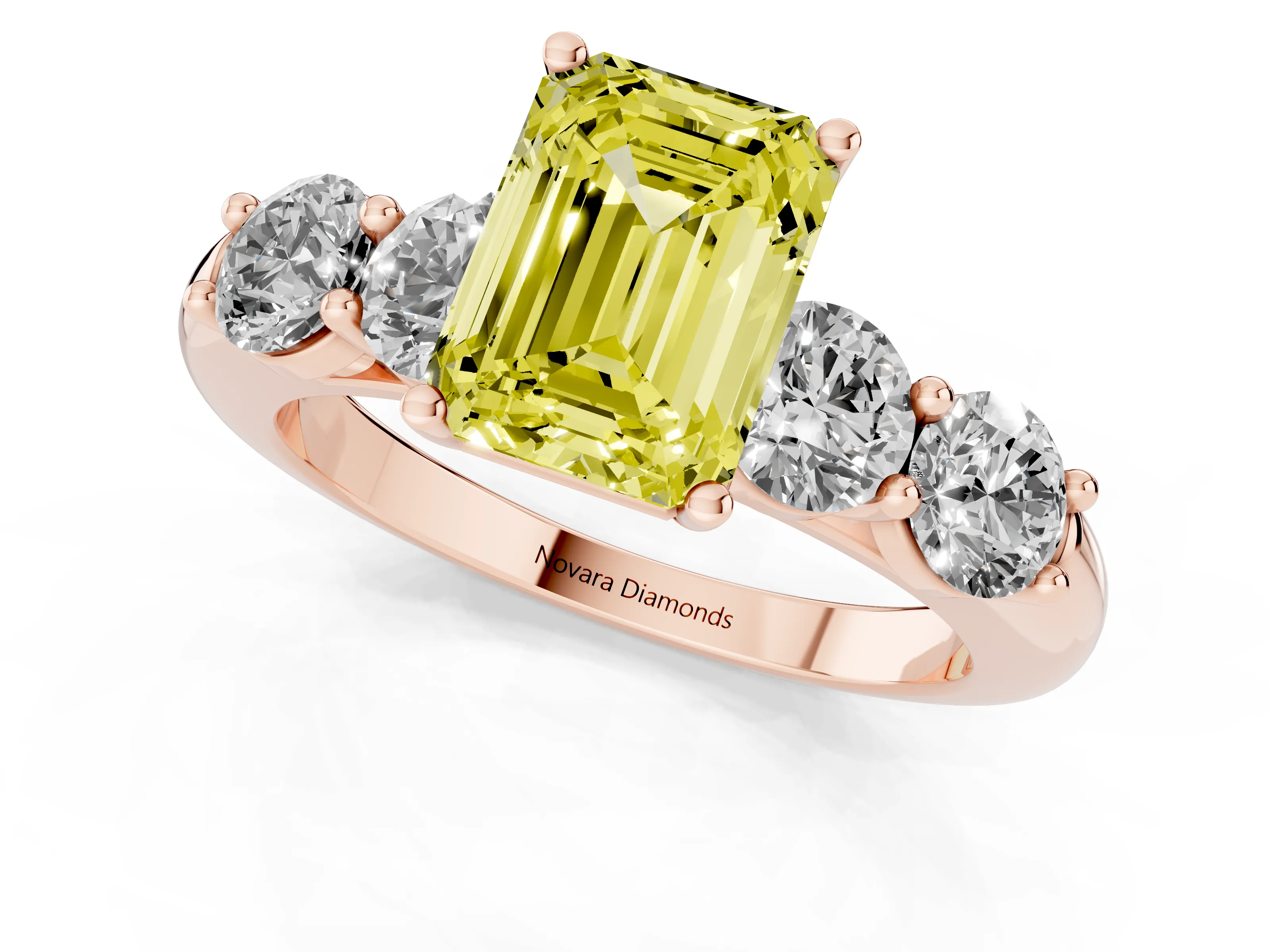Fancy Yellow Emerald Cut Diamond Five-Stone Prong Set Ring Set in Rose gold with Classic Band