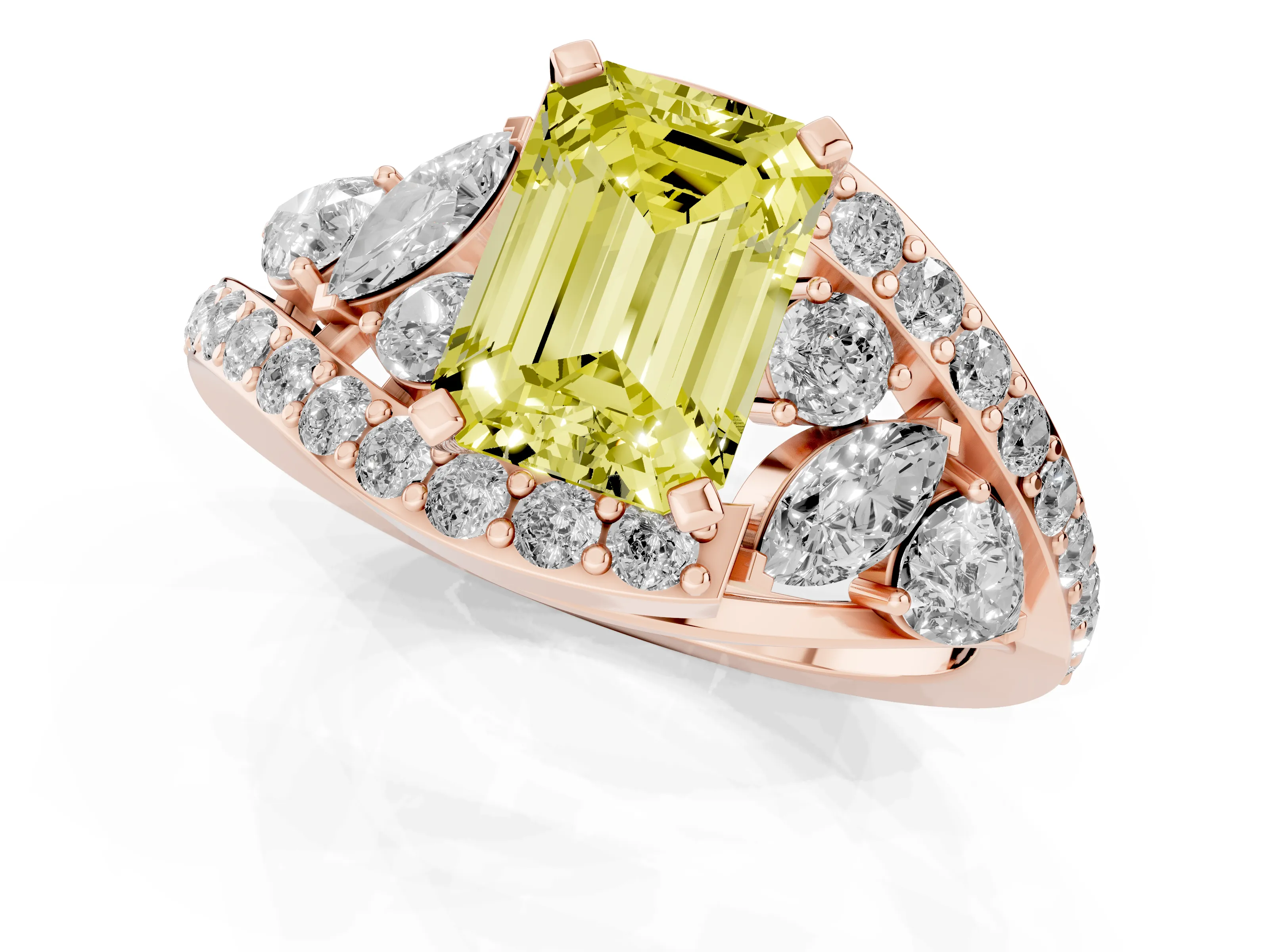 Fancy Yellow Emerald Cut Diamond Halo Ring Set in Rose gold with Marquise and Pavé Band in Prong Setting