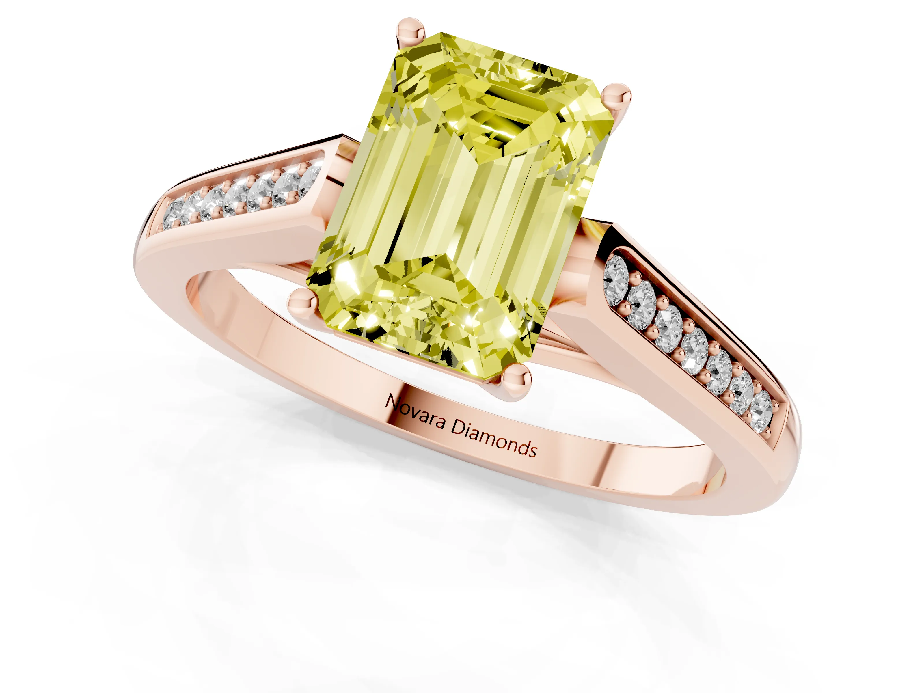 Fancy Yellow Emerald Cut Diamond Solitaire Cathedral Engagement Ring Set in Rose gold with Channel-Set Band and Prong Setting