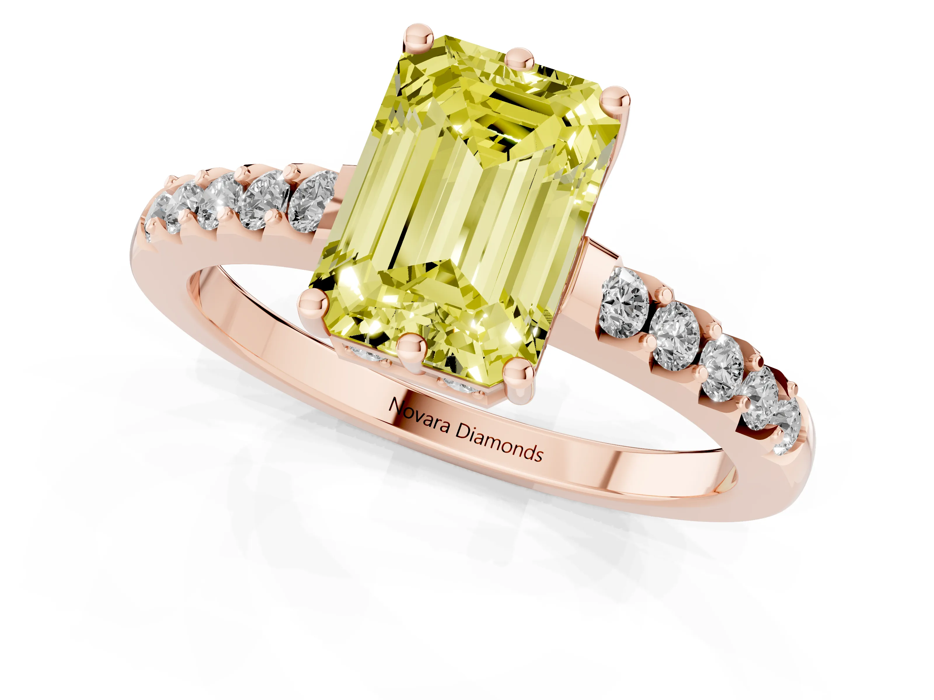 Fancy Yellow Emerald Cut Diamond Solitaire Engagement Ring Set in Rose gold with Pavé Band and Prong Setting