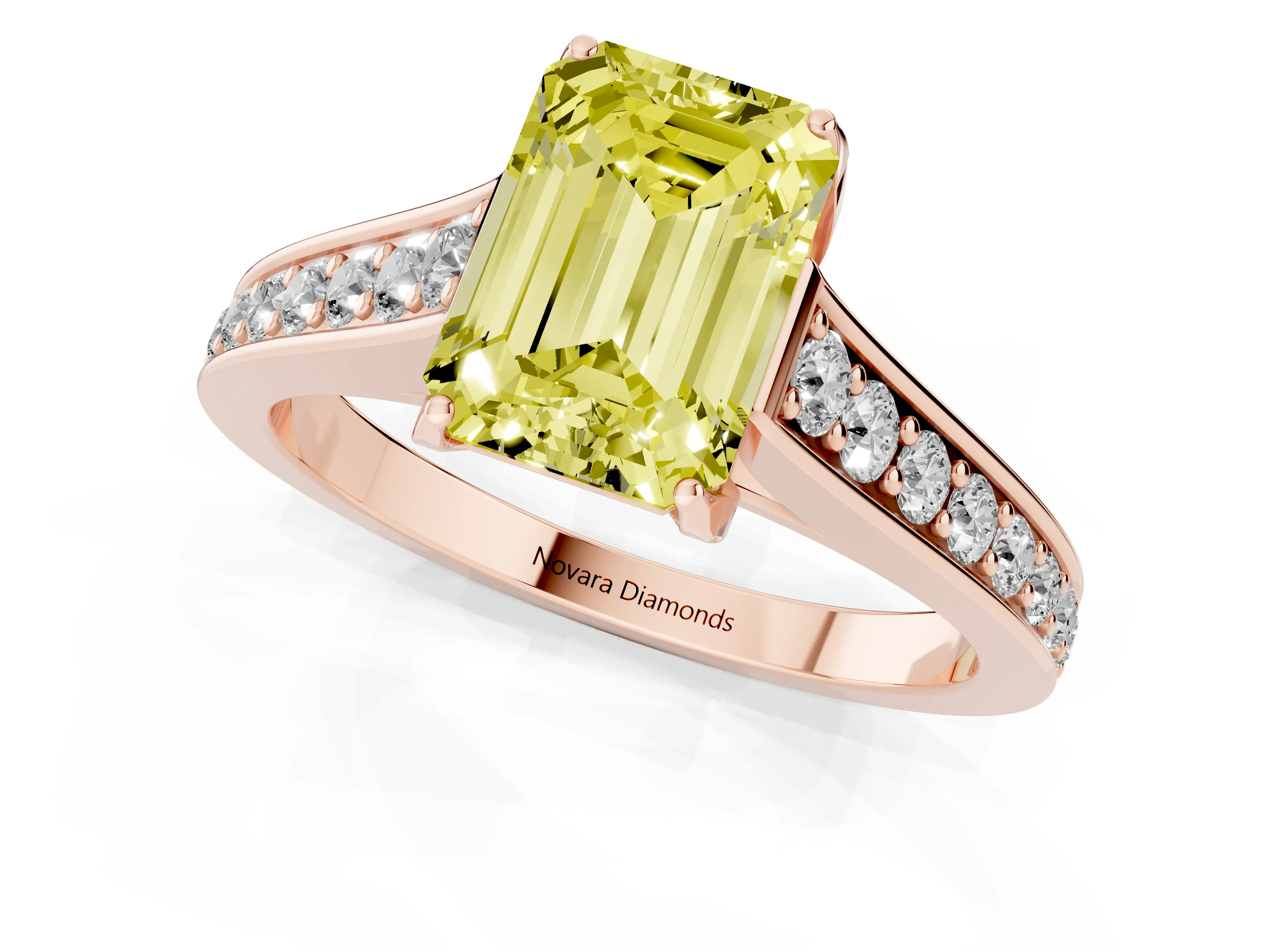 Fancy Yellow Emerald Cut Diamond Solitaire Pavé Engagement Ring Set in Rose gold with Prong Setting
