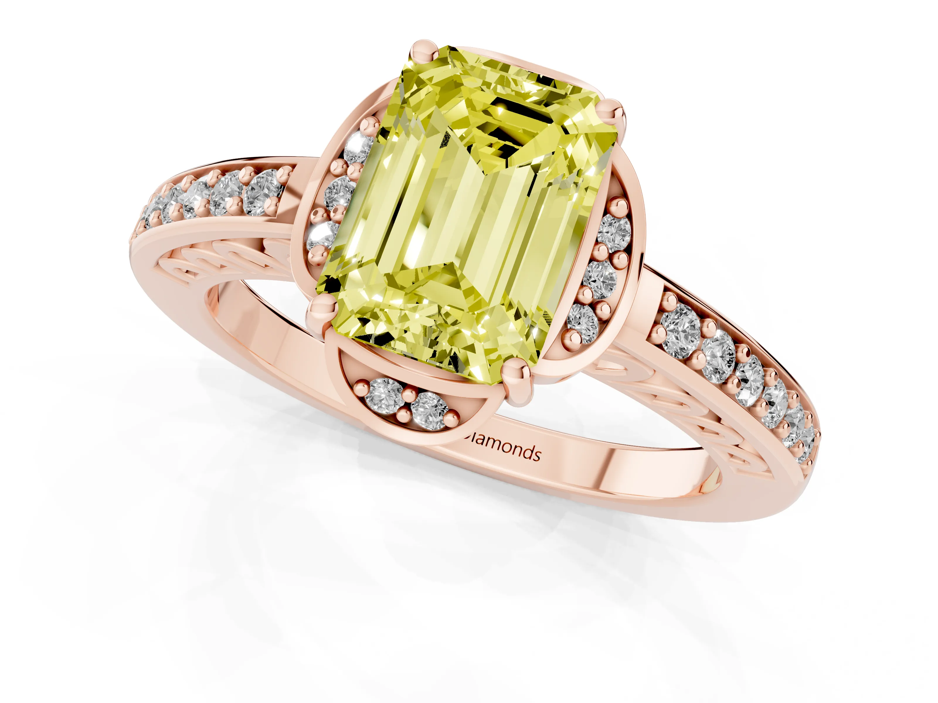 Fancy Yellow Emerald Cut Diamond Halo Ring Set in Rose gold with Channel Set Band and Prong Setting