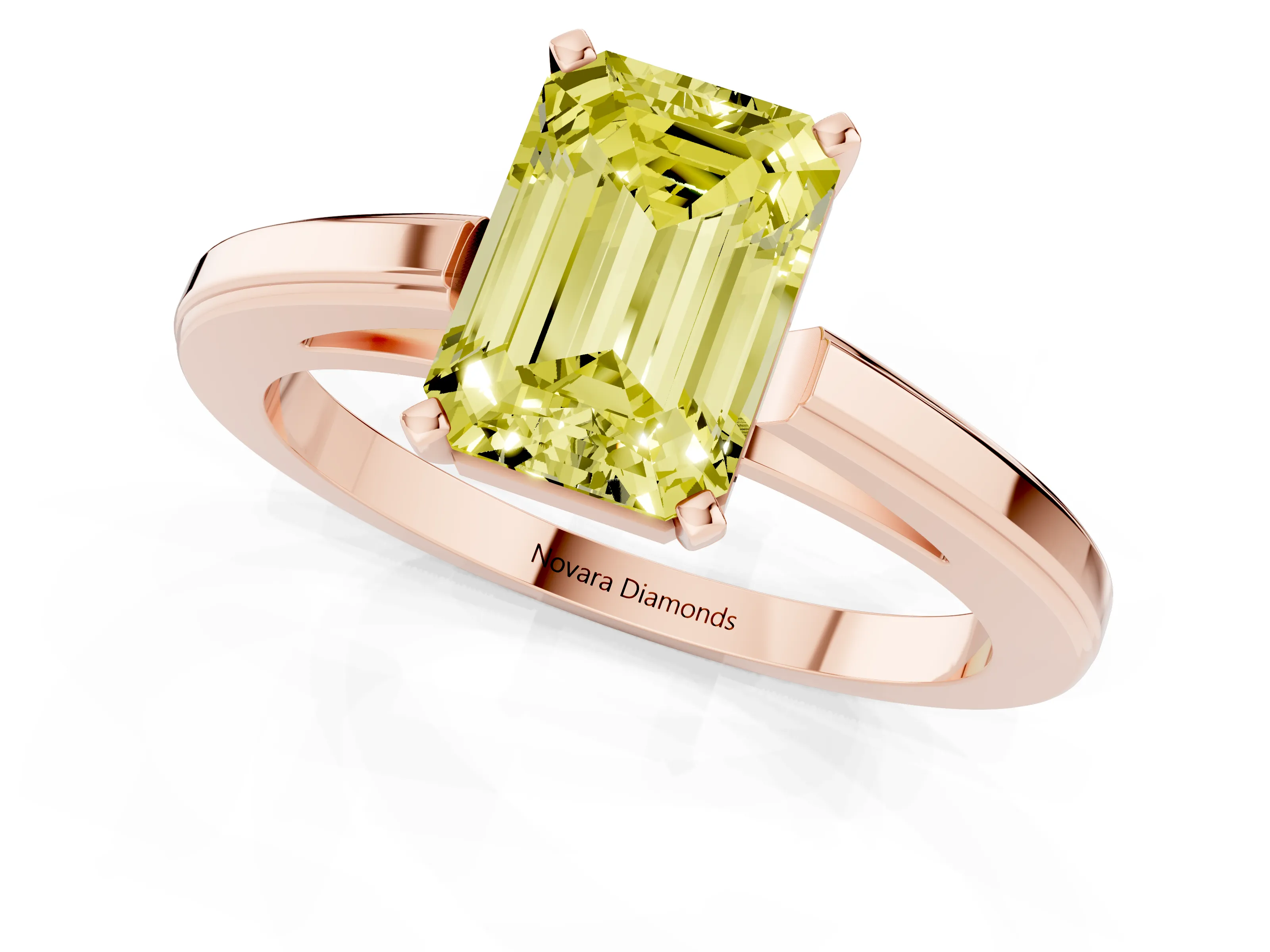 Fancy Yellow Emerald Cut Diamond Solitaire Ring Set in Rose gold with Prong Setting and Classic Band