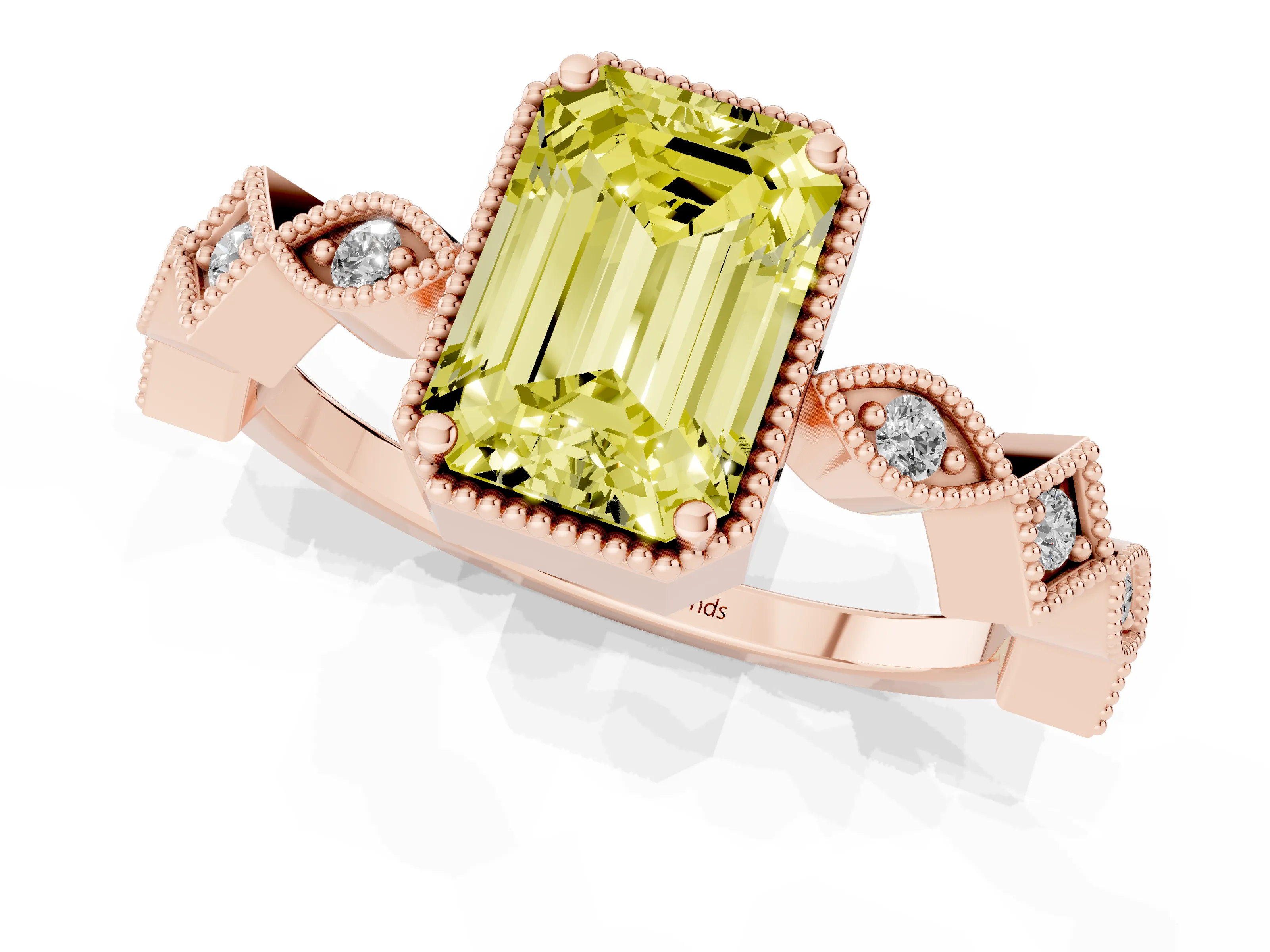 Fancy Yellow Emerald Cut Diamond Milgrain Marquise Twist Band Ring Set in Rose gold with Prong Setting