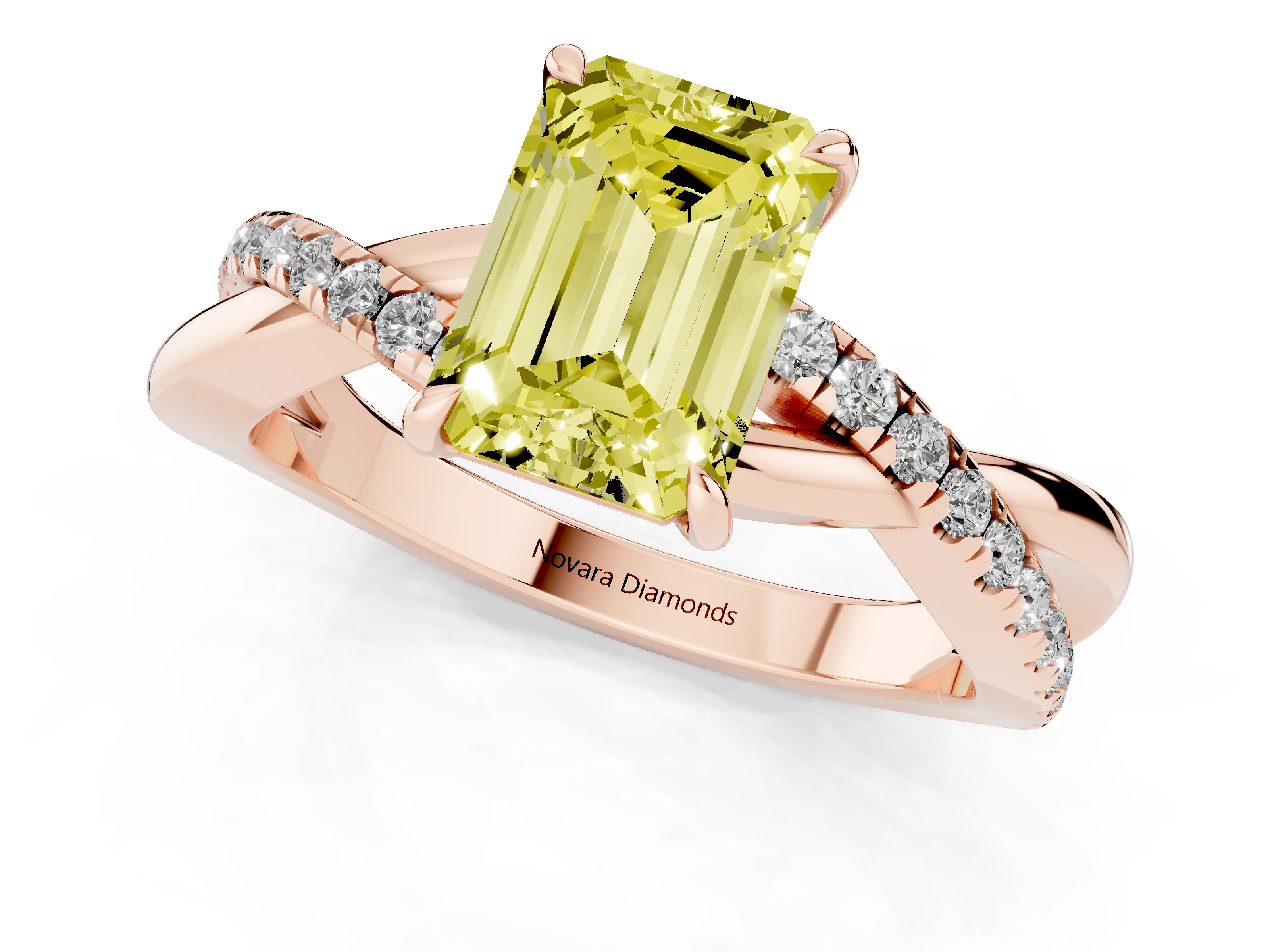 Fancy Yellow Emerald Cut Diamond Twisted Pavé Band Ring Set in Rose gold with Prong Setting
