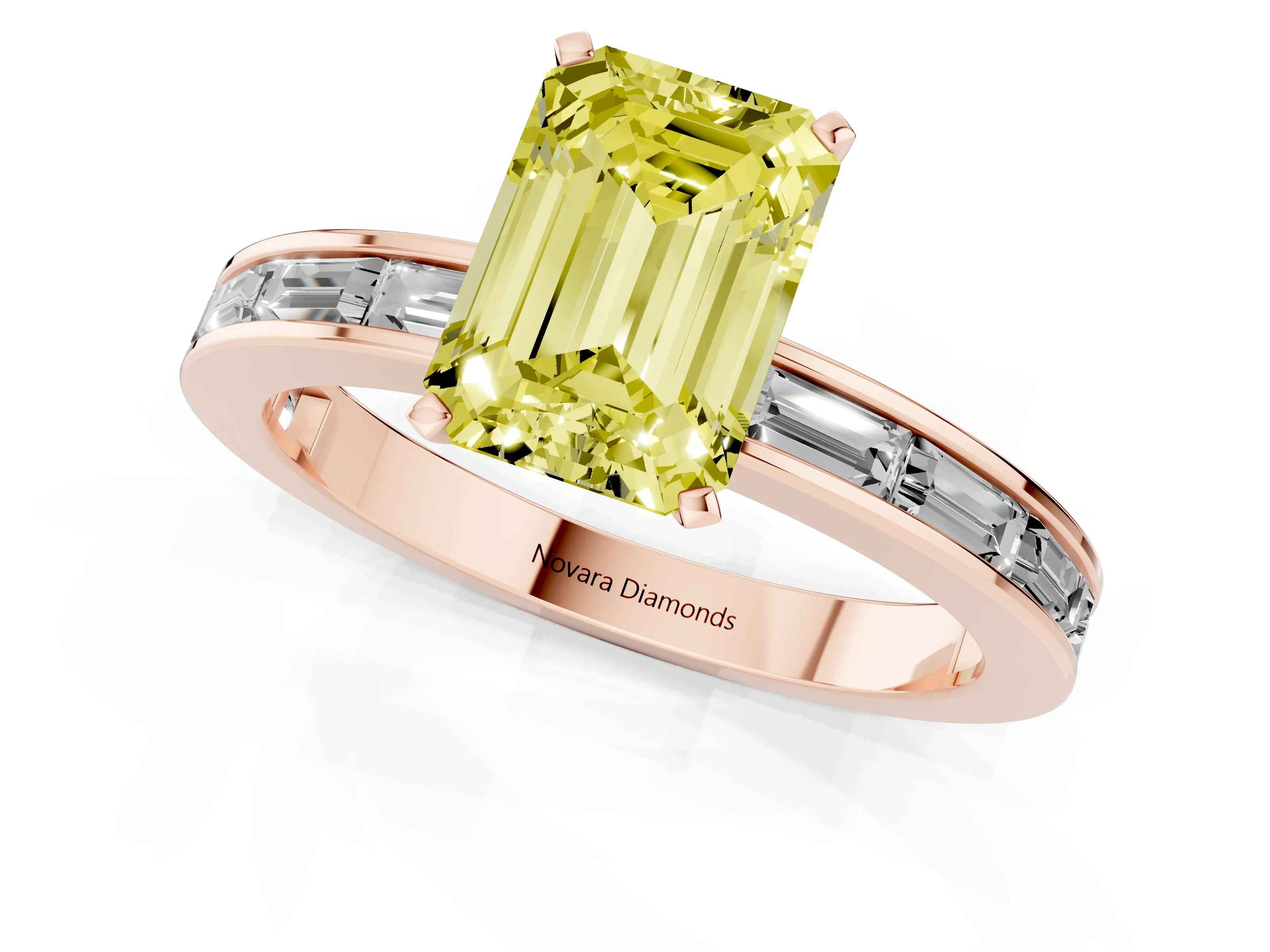 Fancy Yellow Emerald Cut Diamond Solitaire Ring Set in Rose gold with Channel-Set Baguette Band and Prong Setting