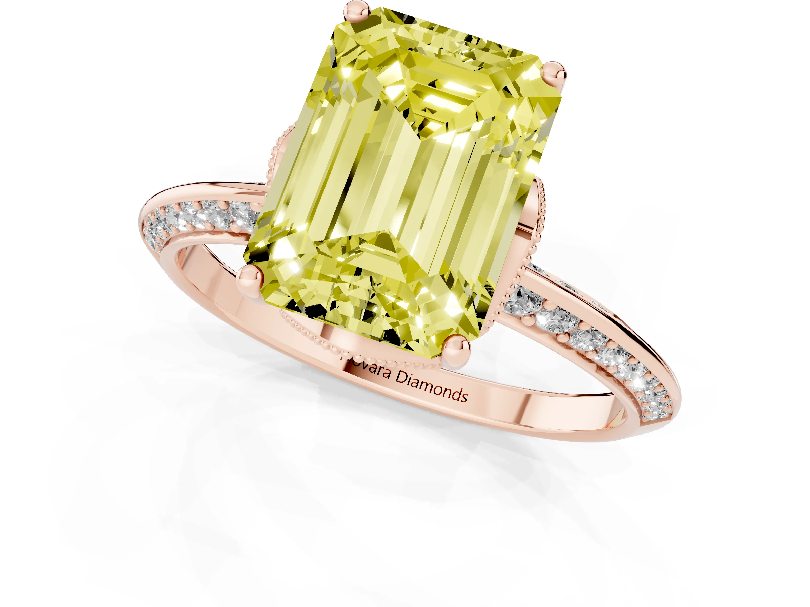 Fancy Yellow Emerald Cut Diamond Solitaire Engagement Ring Set in Rose gold with Pavé Split Shank and Prong Setting