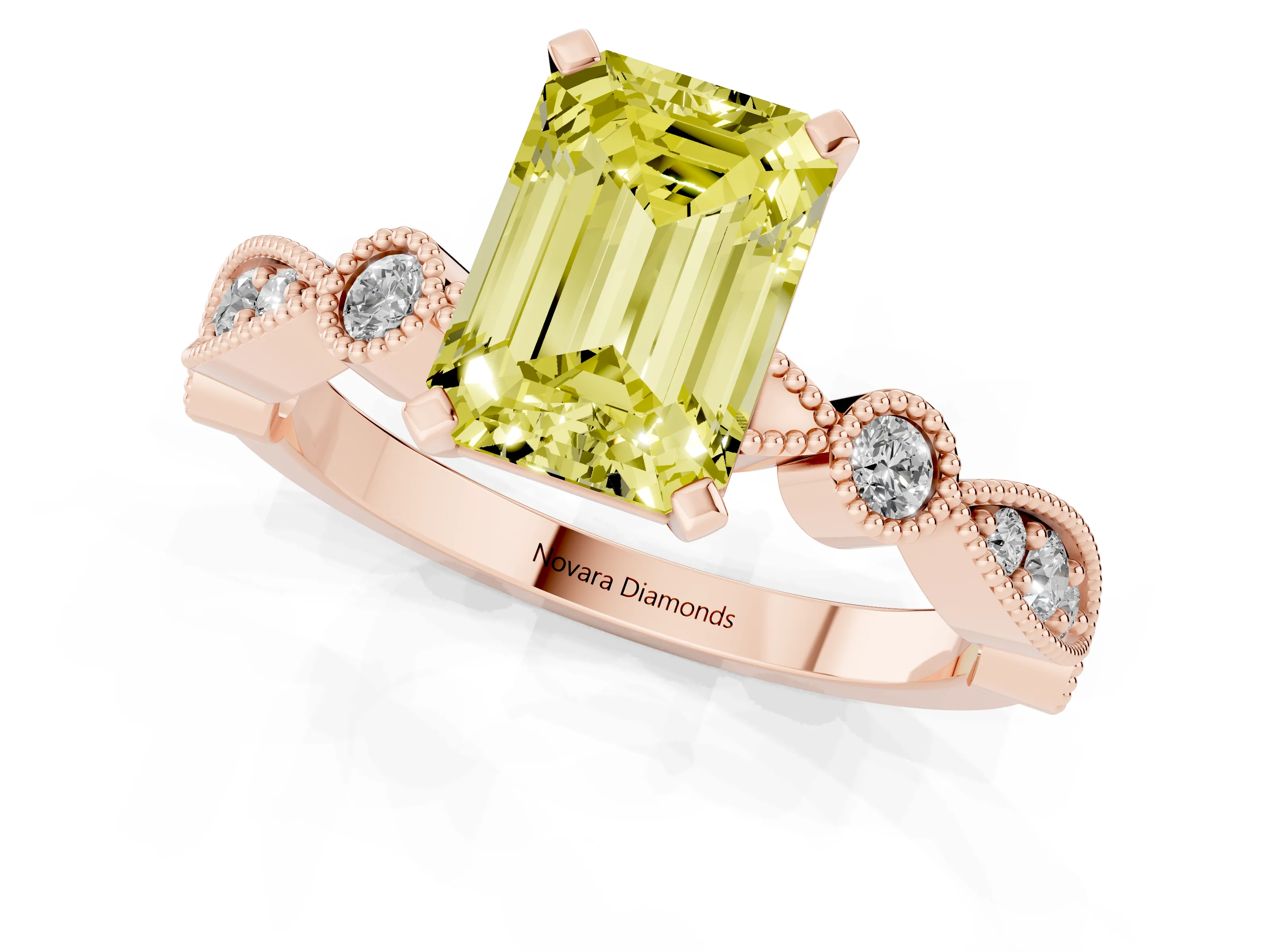 Fancy Yellow Emerald Cut Diamond Solitaire Engagement Ring Set in Rose gold with Milgrain Bezel Accent Band